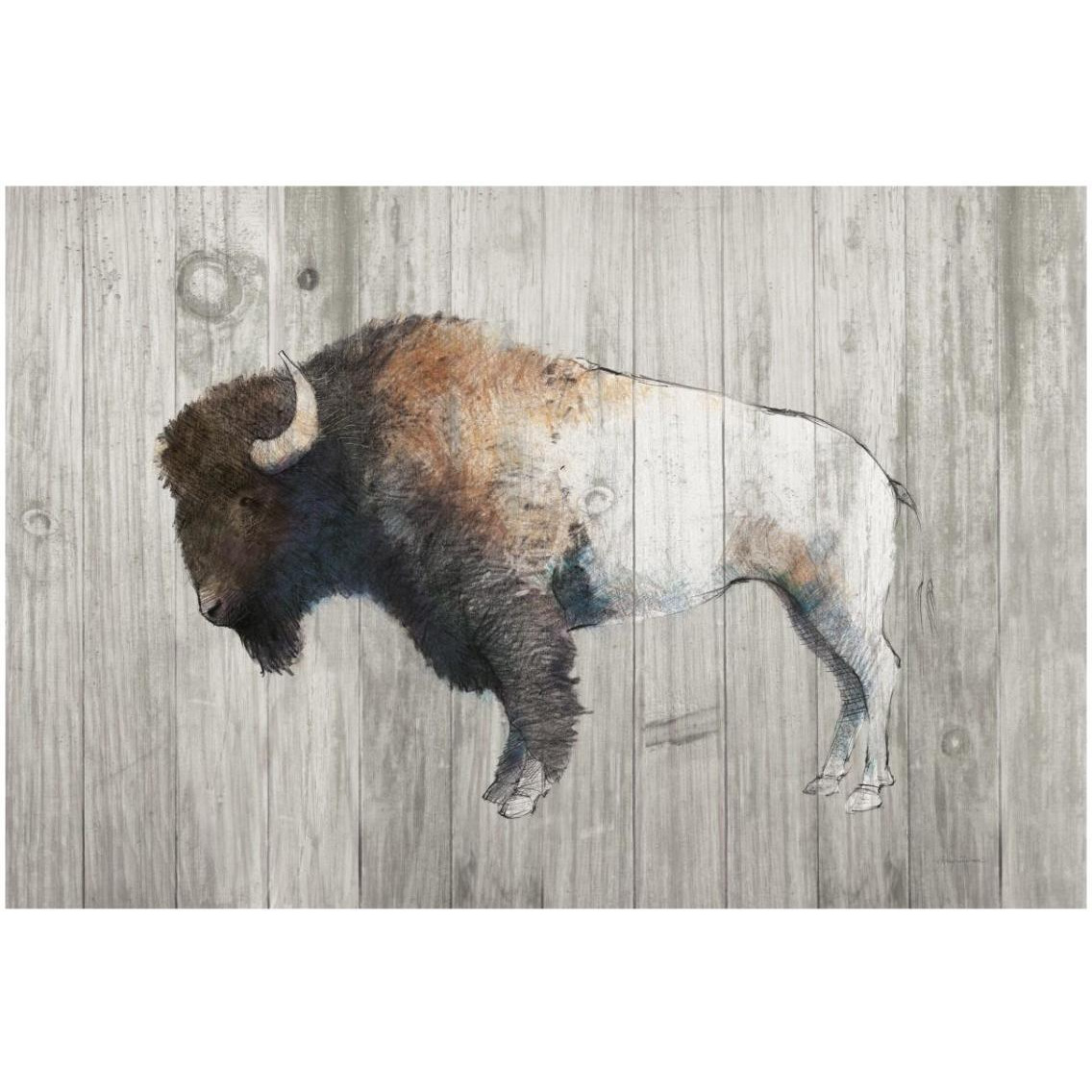 Colorful Bison Dark Brown on Wood -Paper Art-32&quotx22"
