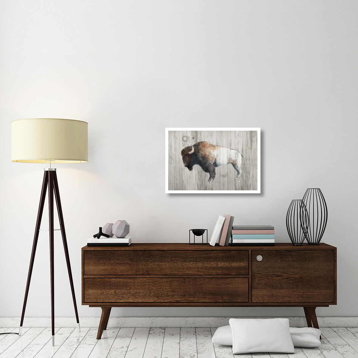 Colorful Bison Dark Brown on Wood -Paper Art-32&quotx22"