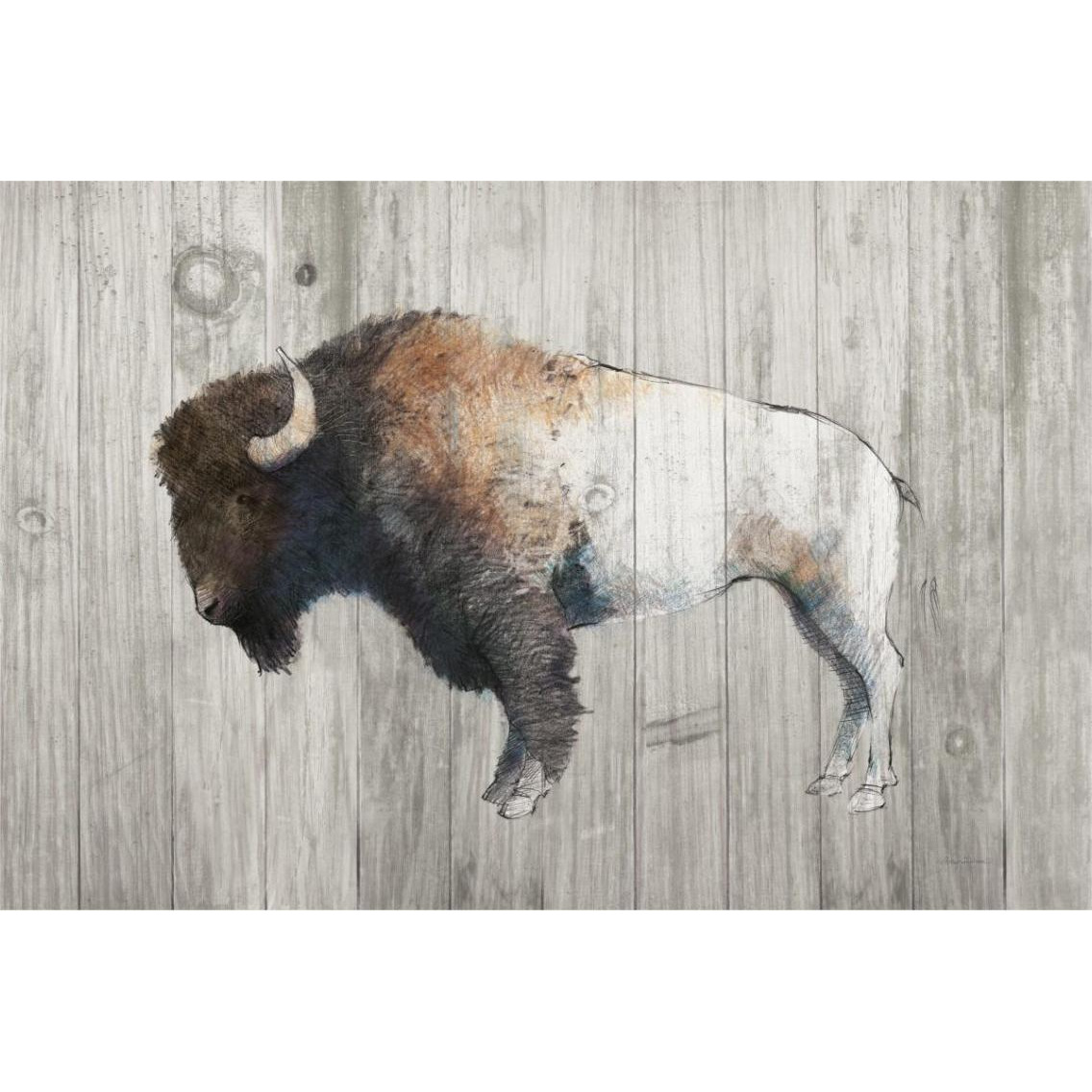 Colorful Bison Dark Brown on Wood -Paper Art-38&quotx26"
