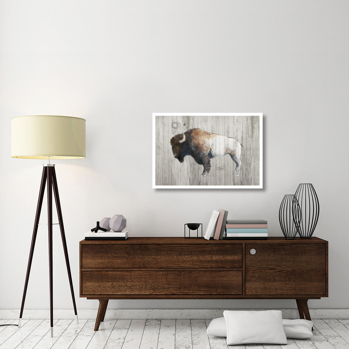 Colorful Bison Dark Brown on Wood -Paper Art-38&quotx26"