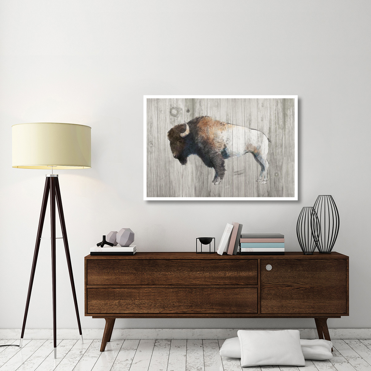 Colorful Bison Dark Brown on Wood -Paper Art-50&quotx34"