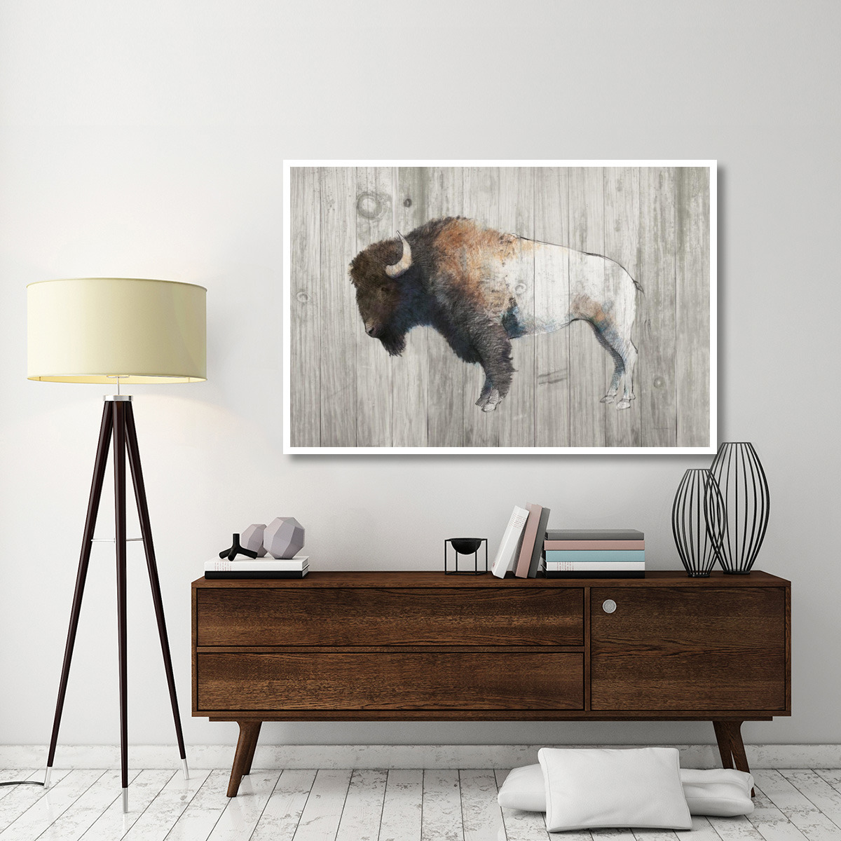 Colorful Bison Dark Brown on Wood -Paper Art-62&quotx42"