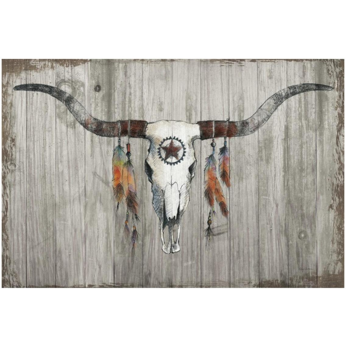 Longhorn on Dark Gray Wood -Paper Art-32&quotx22"