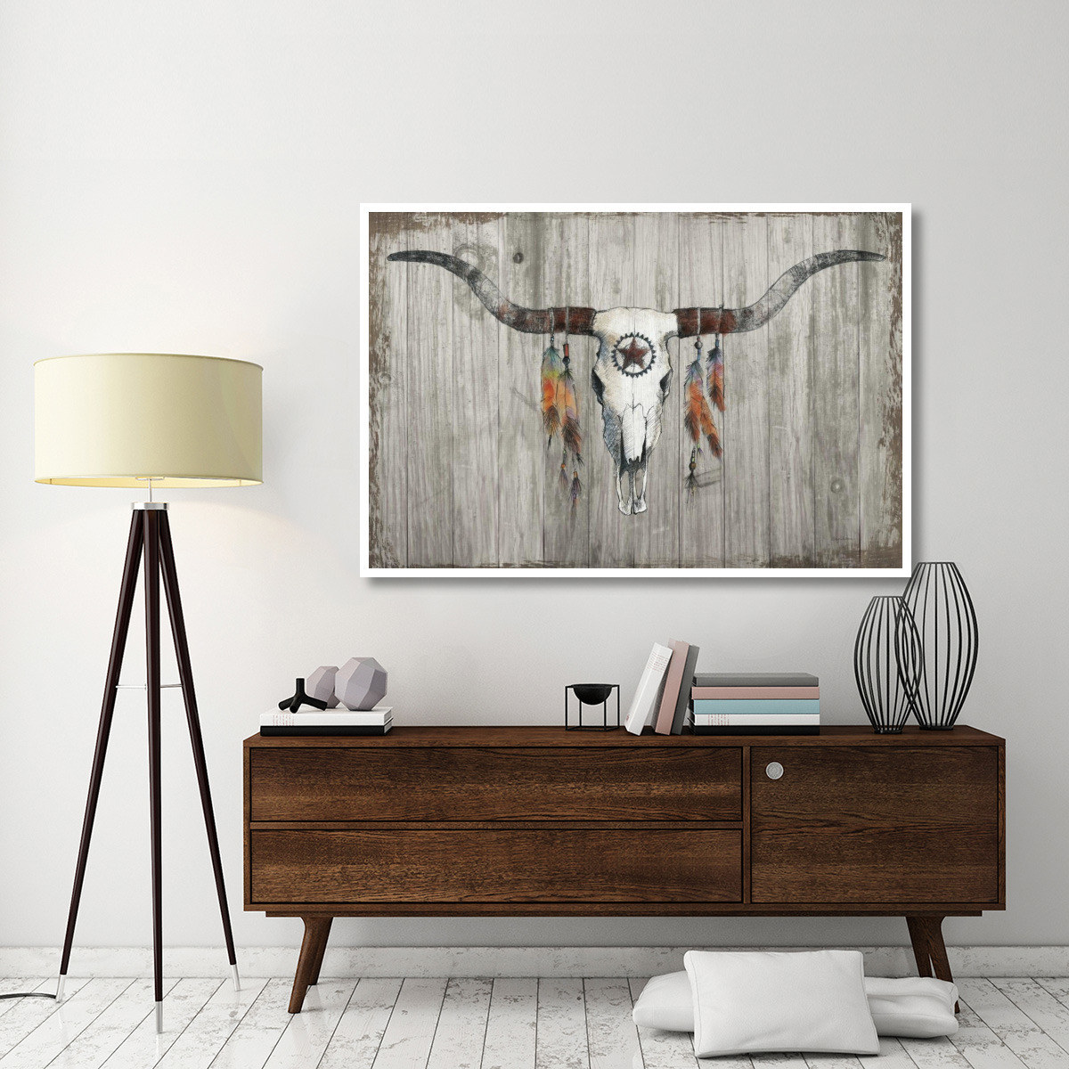 Longhorn on Dark Gray Wood -Paper Art-62&quotx42"