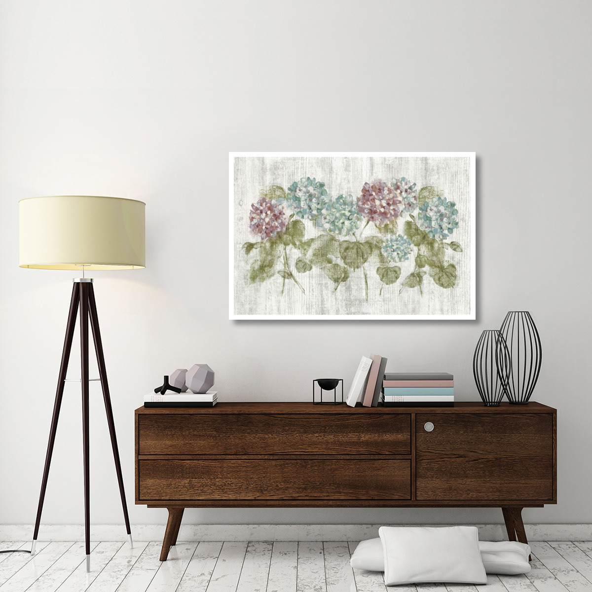 Vibrant Row of Hydrangea on Wood -Paper Art-50&quotx34"