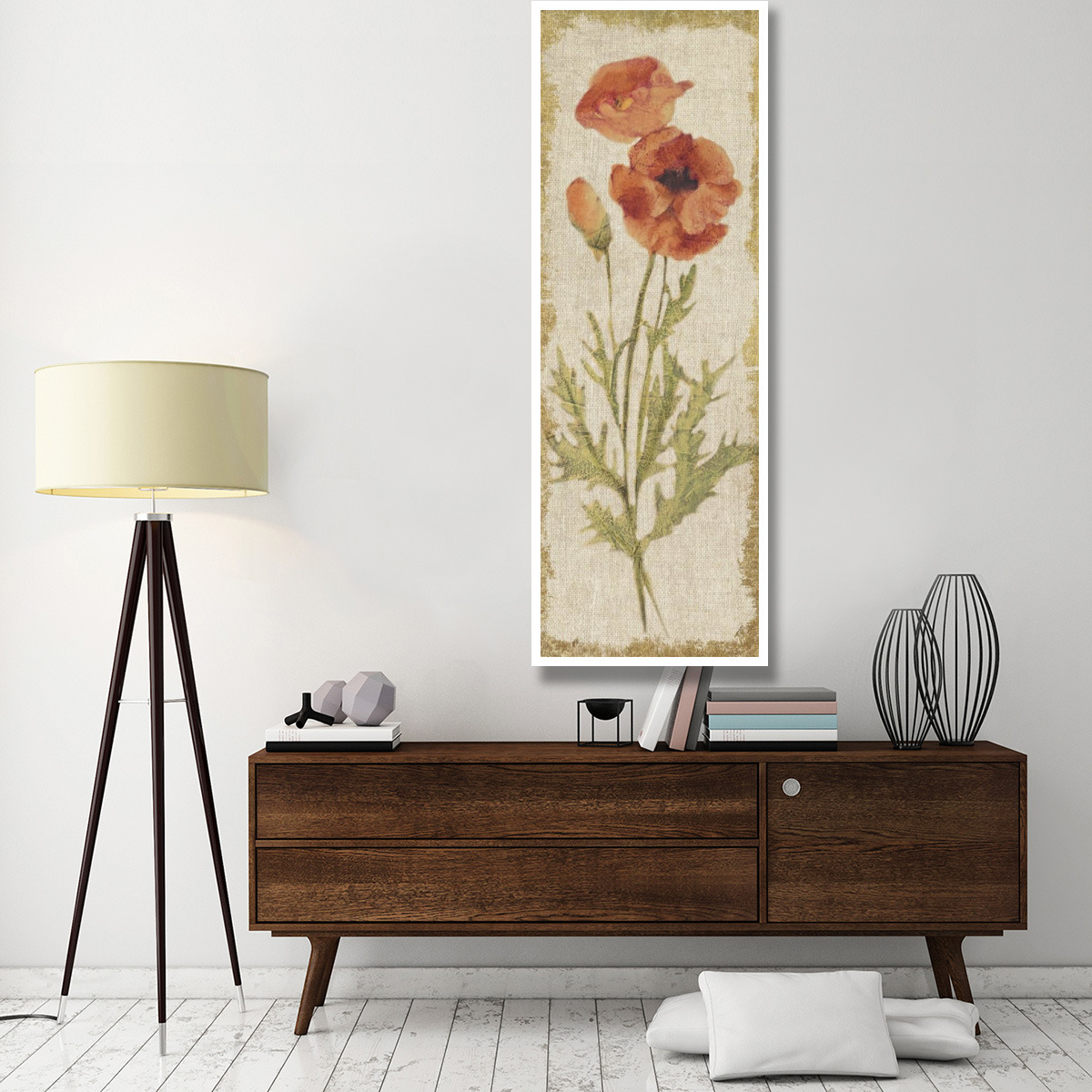 Poppy Panel on White Vintage -Paper Art-26&quotx74"