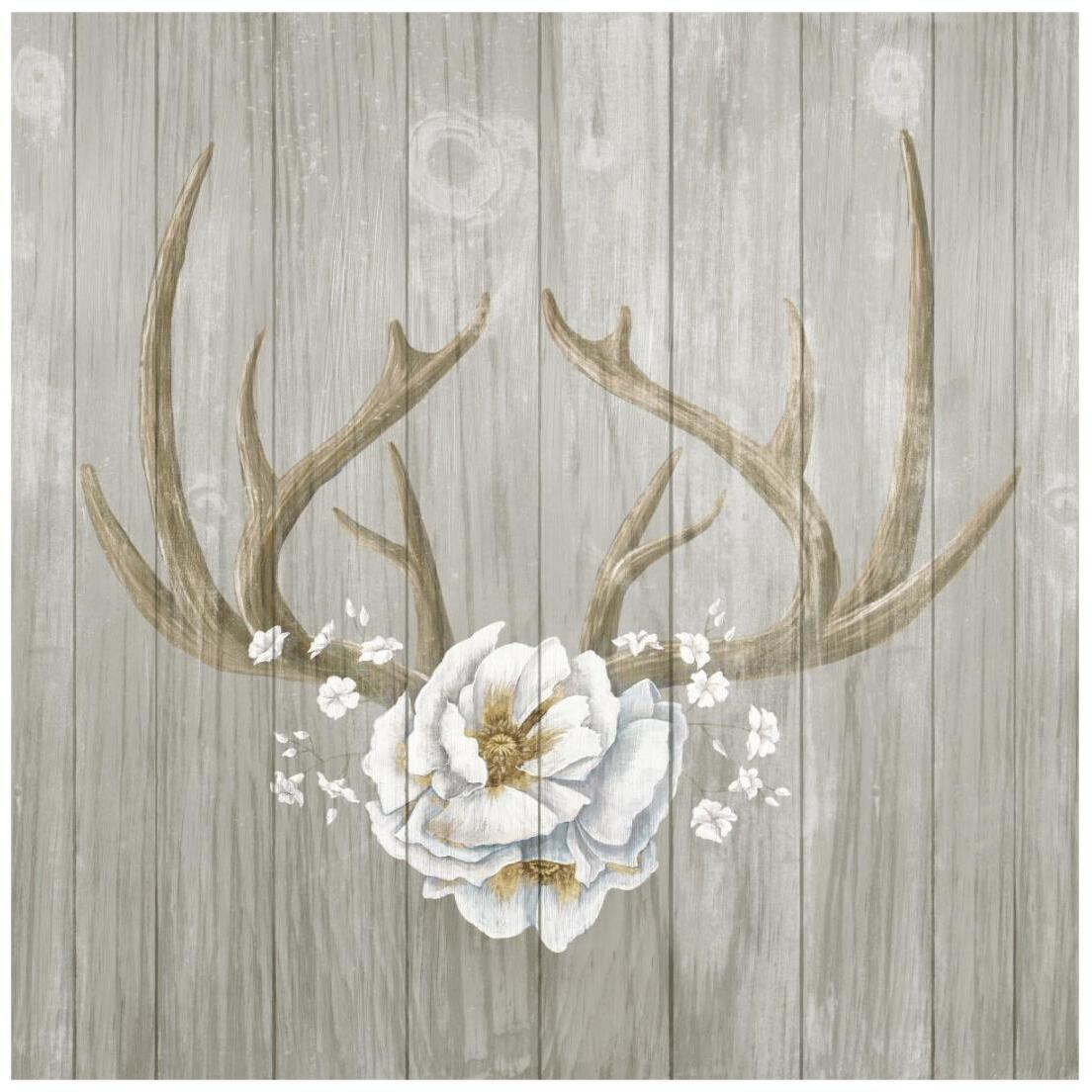 Antlers and Poppies II Sq Greige -Paper Art-20&quotx20"