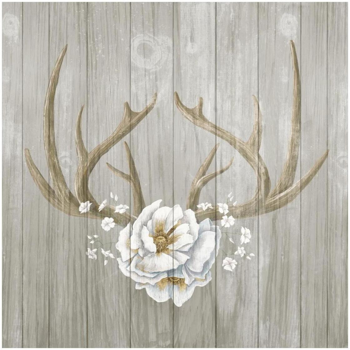 Antlers and Poppies II Sq Greige -Paper Art-26&quotx26"