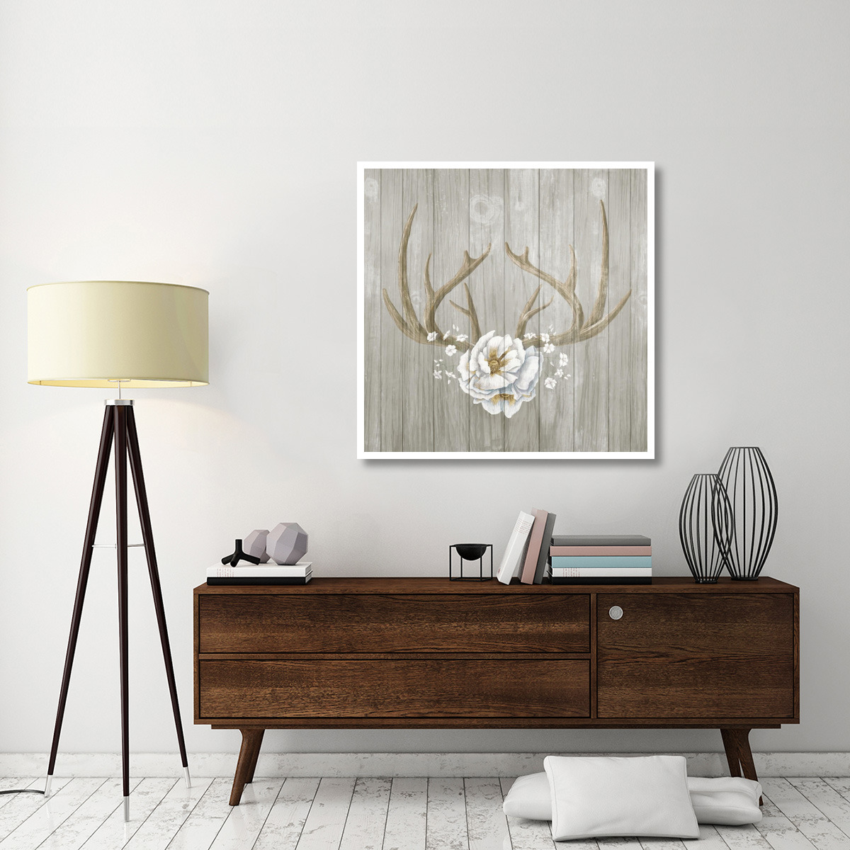 Antlers and Poppies II Sq Greige -Paper Art-42&quotx42"