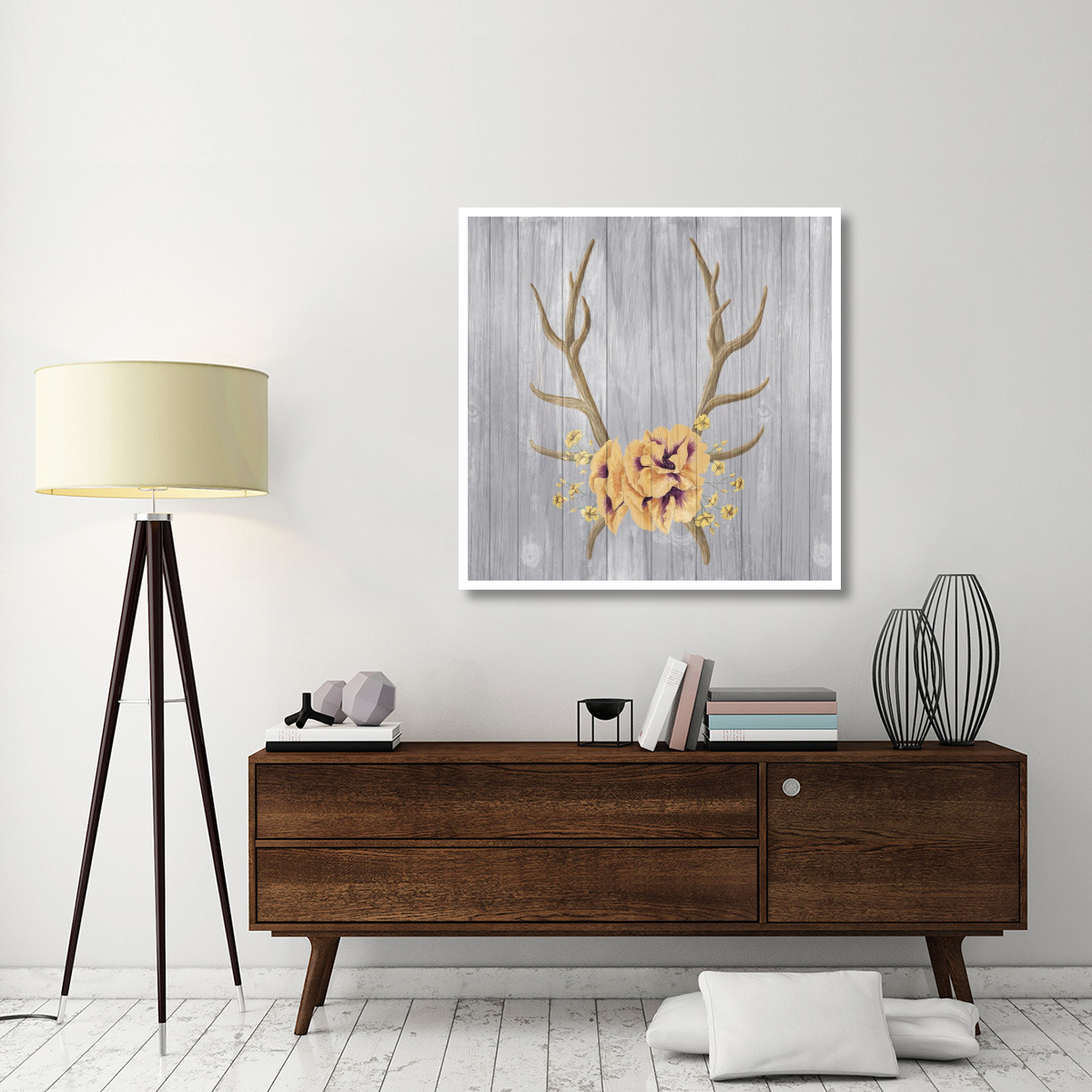 Antlers and Poppies I Sq Spice -Paper Art-42&quotx42"