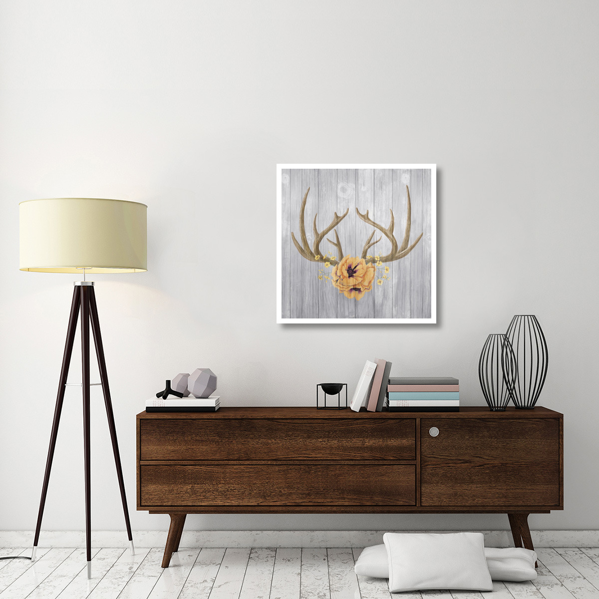 Antlers and Poppies II Sq Spice -Paper Art-32&quotx32"