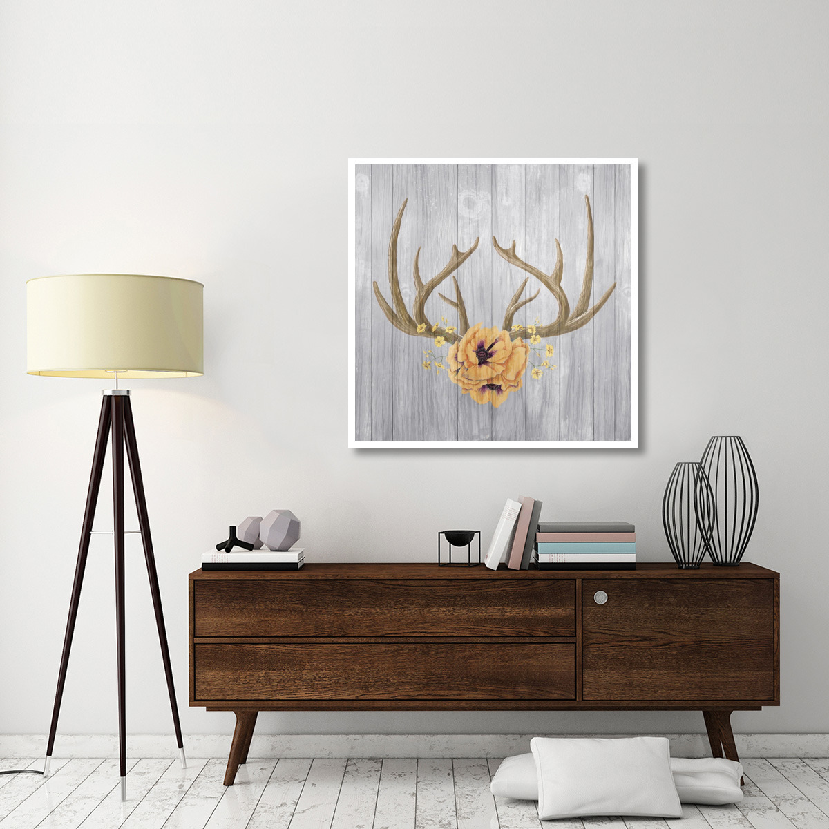 Antlers and Poppies II Sq Spice -Paper Art-42&quotx42"
