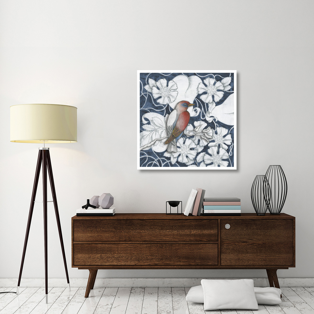 Arts and Crafts Bird Indigo I -Paper Art-38&quotx38"