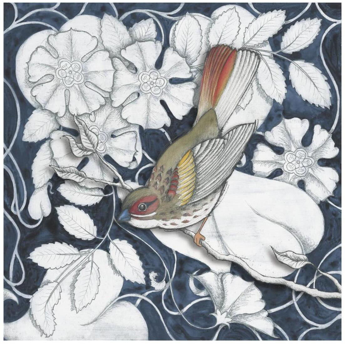 Arts and Crafts Bird Indigo II -Paper Art-20&quotx20"