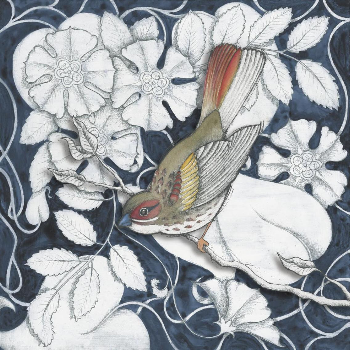Arts and Crafts Bird Indigo II -Paper Art-38&quotx38"