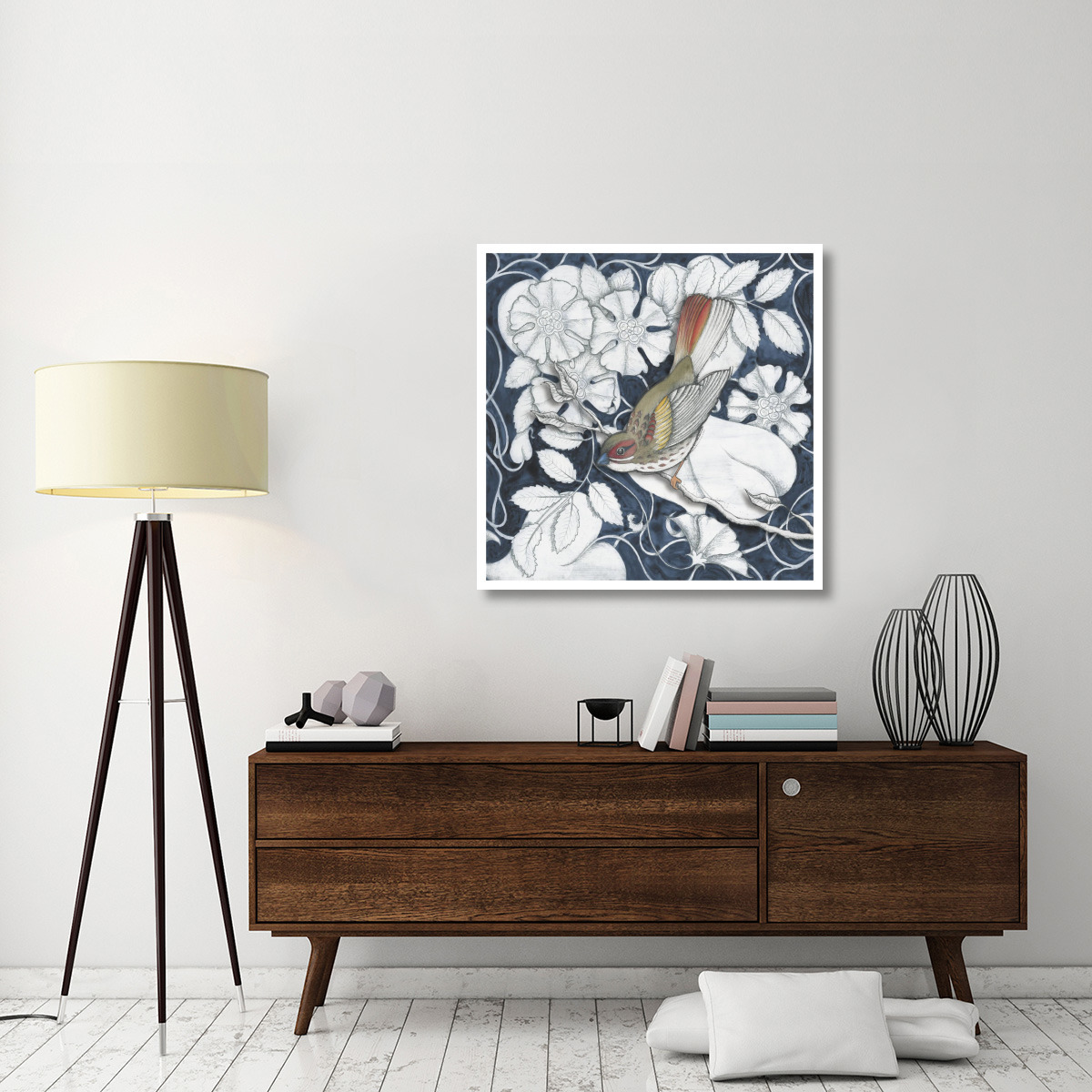 Arts and Crafts Bird Indigo II -Paper Art-38&quotx38"