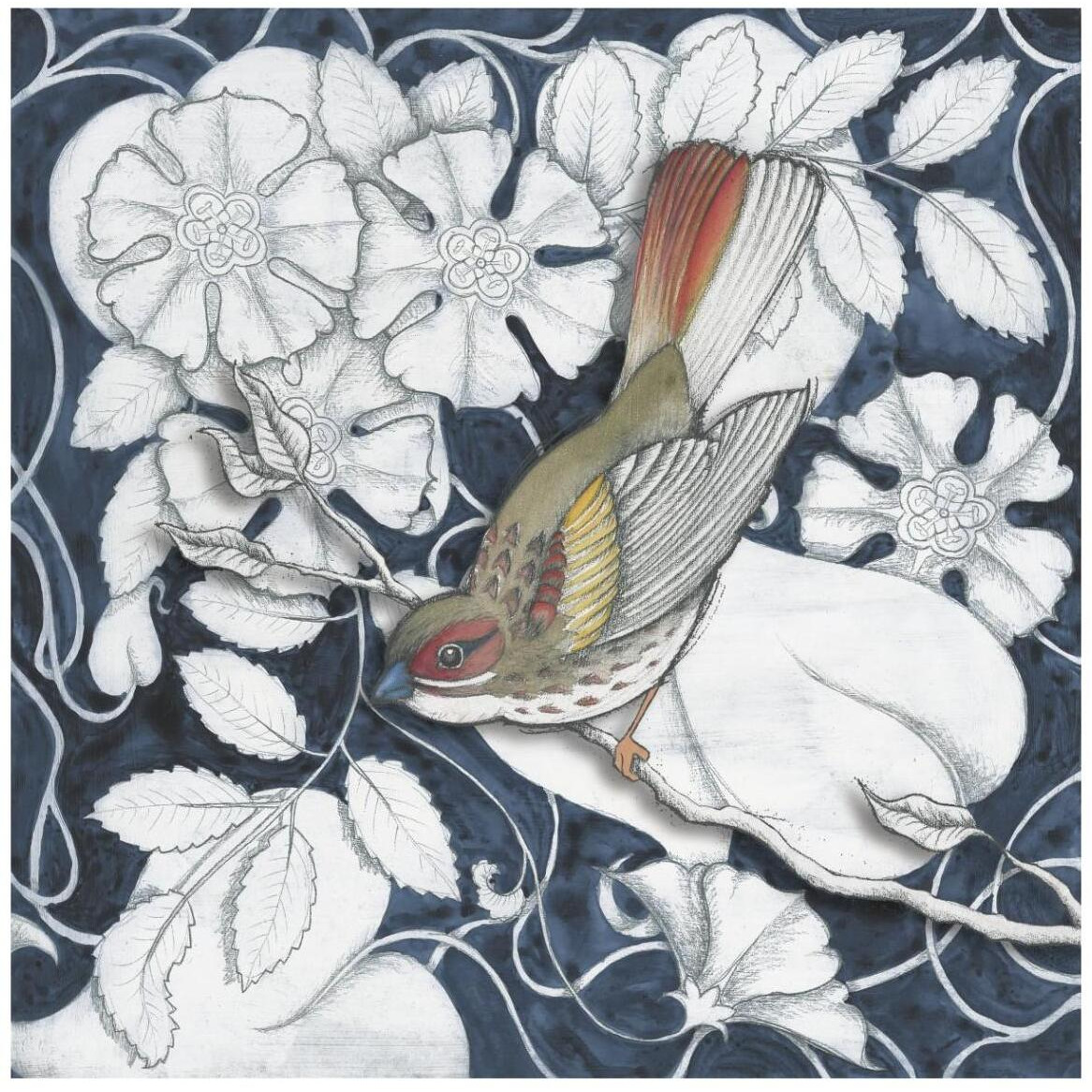 Arts and Crafts Bird Indigo II -Paper Art-42&quotx42"