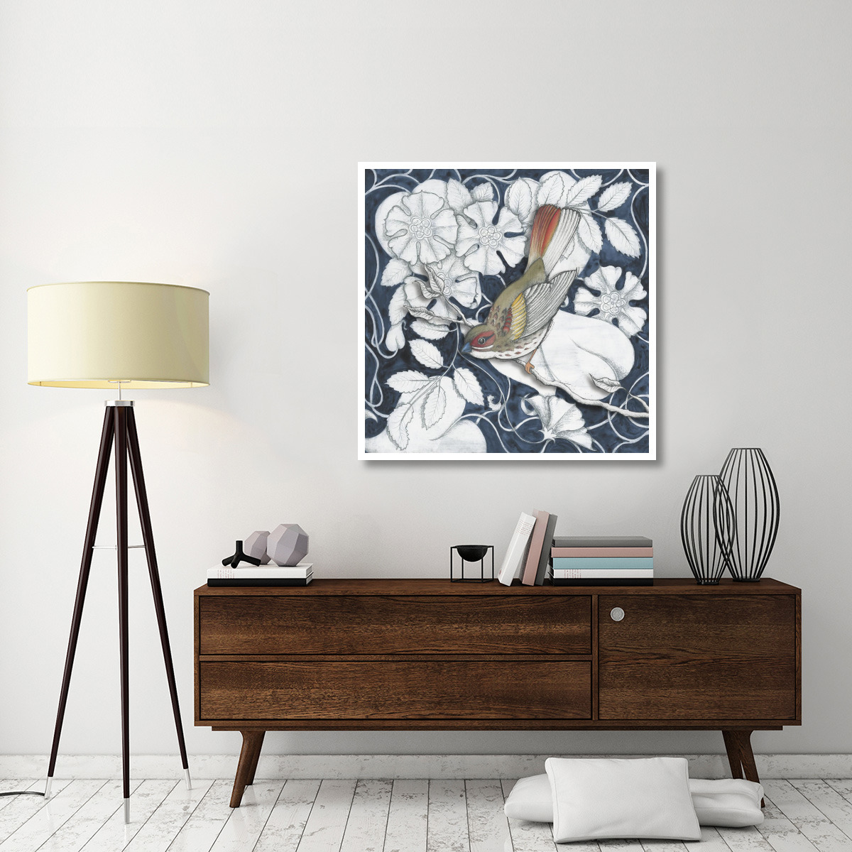 Arts and Crafts Bird Indigo II -Paper Art-42&quotx42"