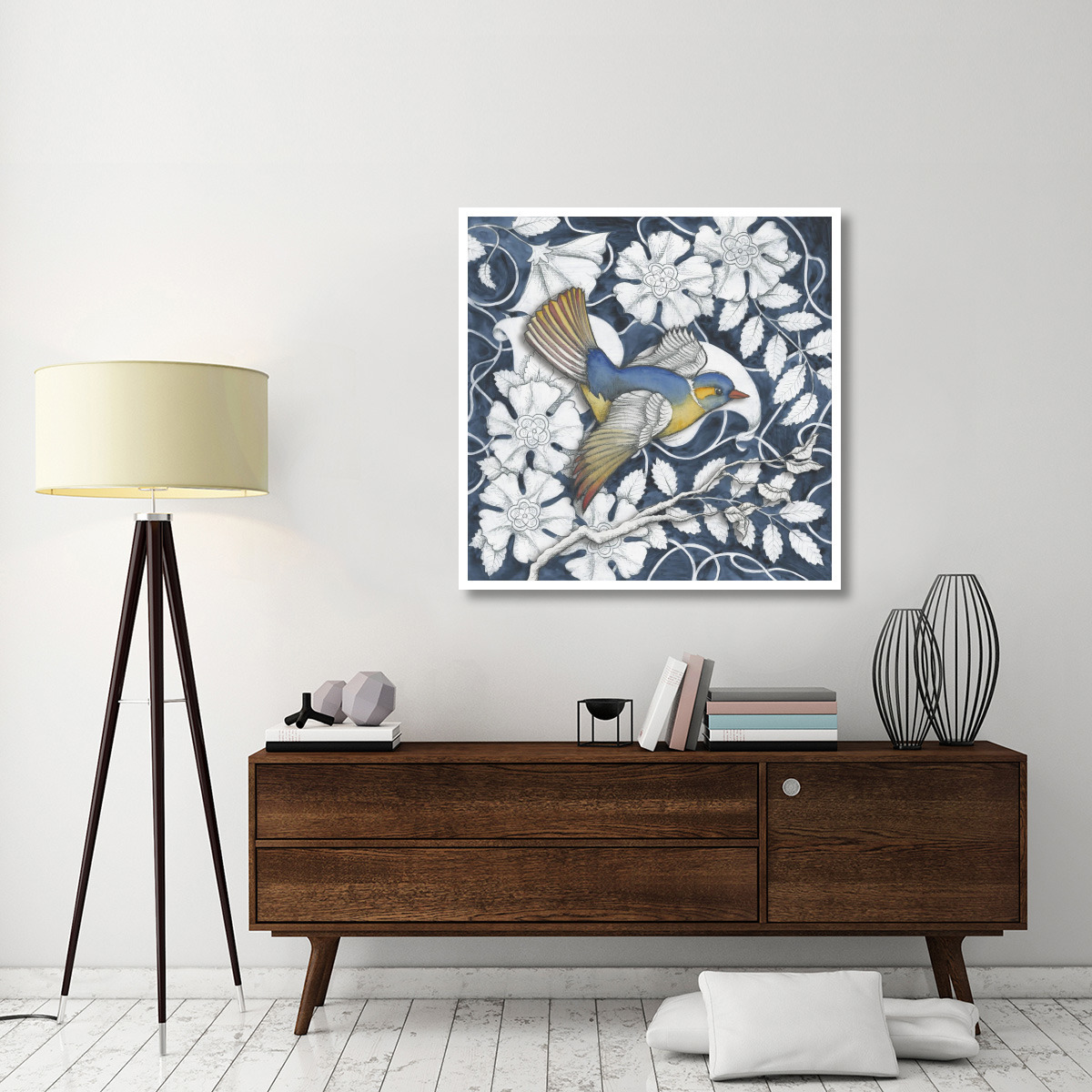 Arts and Crafts Bird Indigo III -Paper Art-42&quotx42"