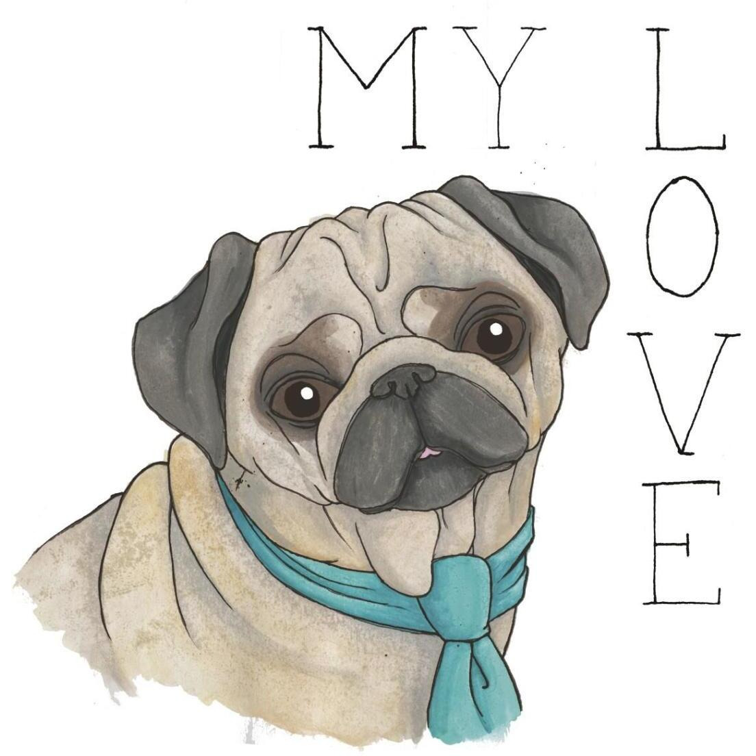 Puppy Love Pug Color -Paper Art-38&quotx38"