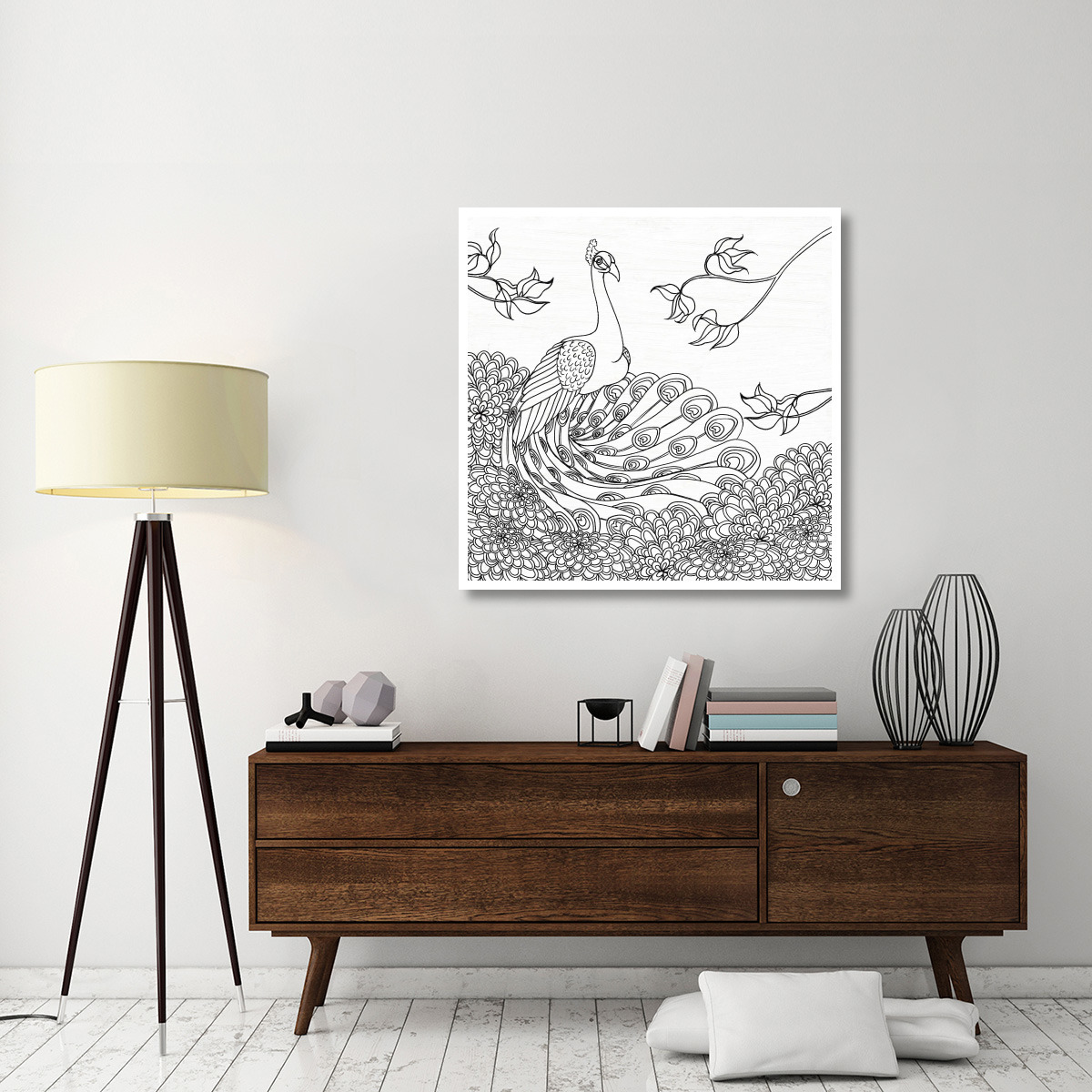 Palace Peacock I Black and White -Paper Art-42&quotx42"