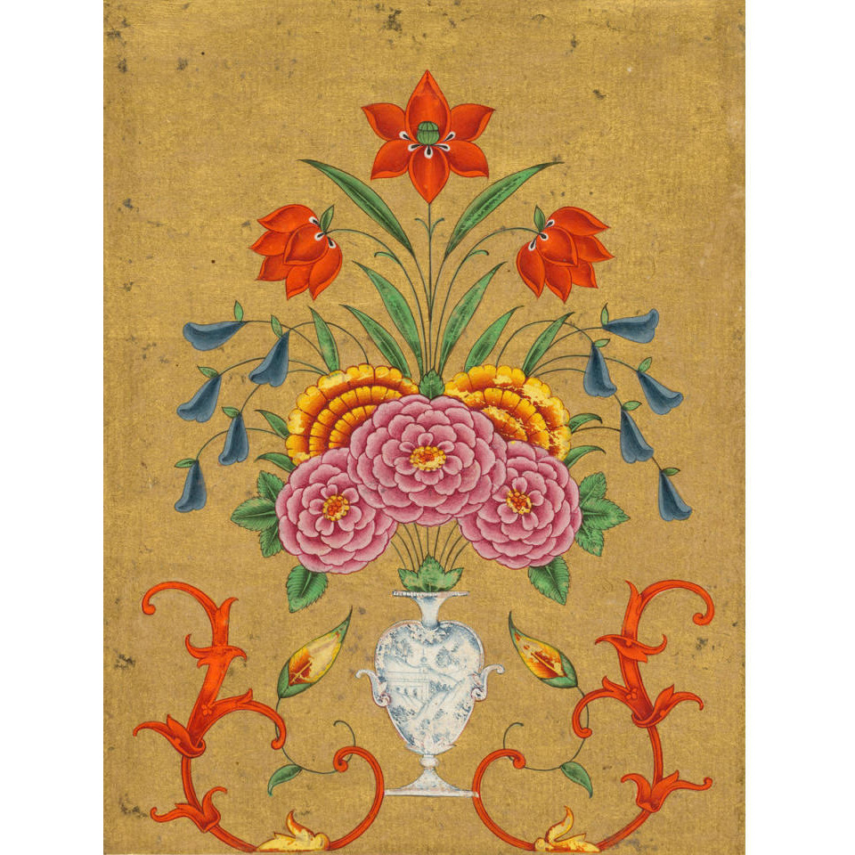 An Elaborate Vase and Floral Design on Gold Ground, second half of 18th century -Paper Art-14.03&quotx18"