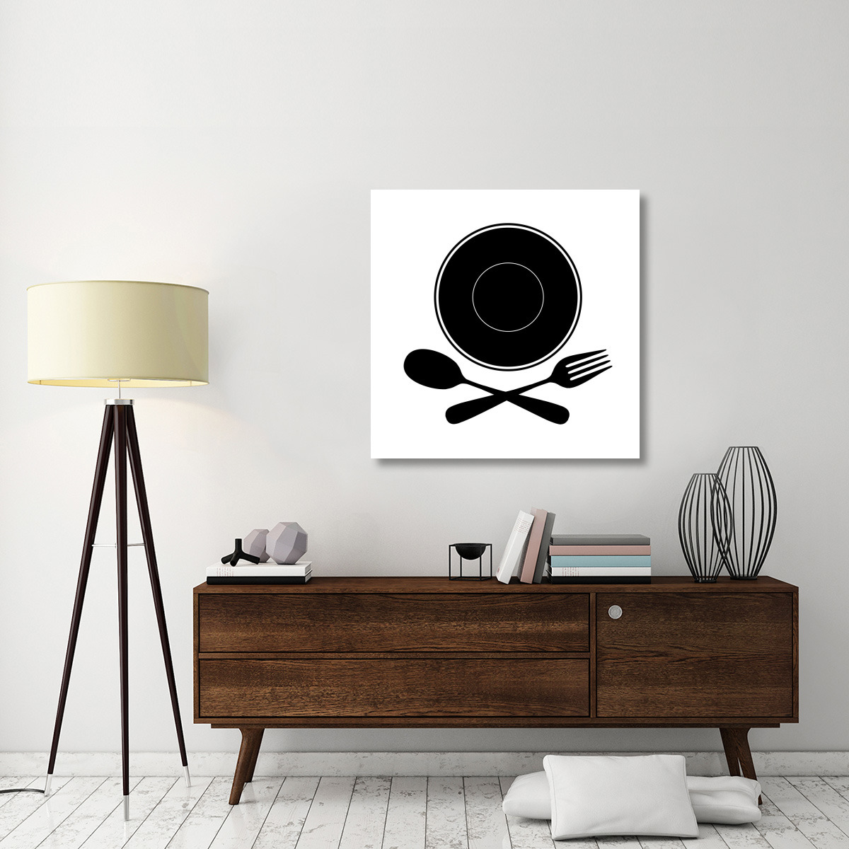 Mealtime Black on White - Plate with Crossed Cutlery -Paper Art-38&quotx38"