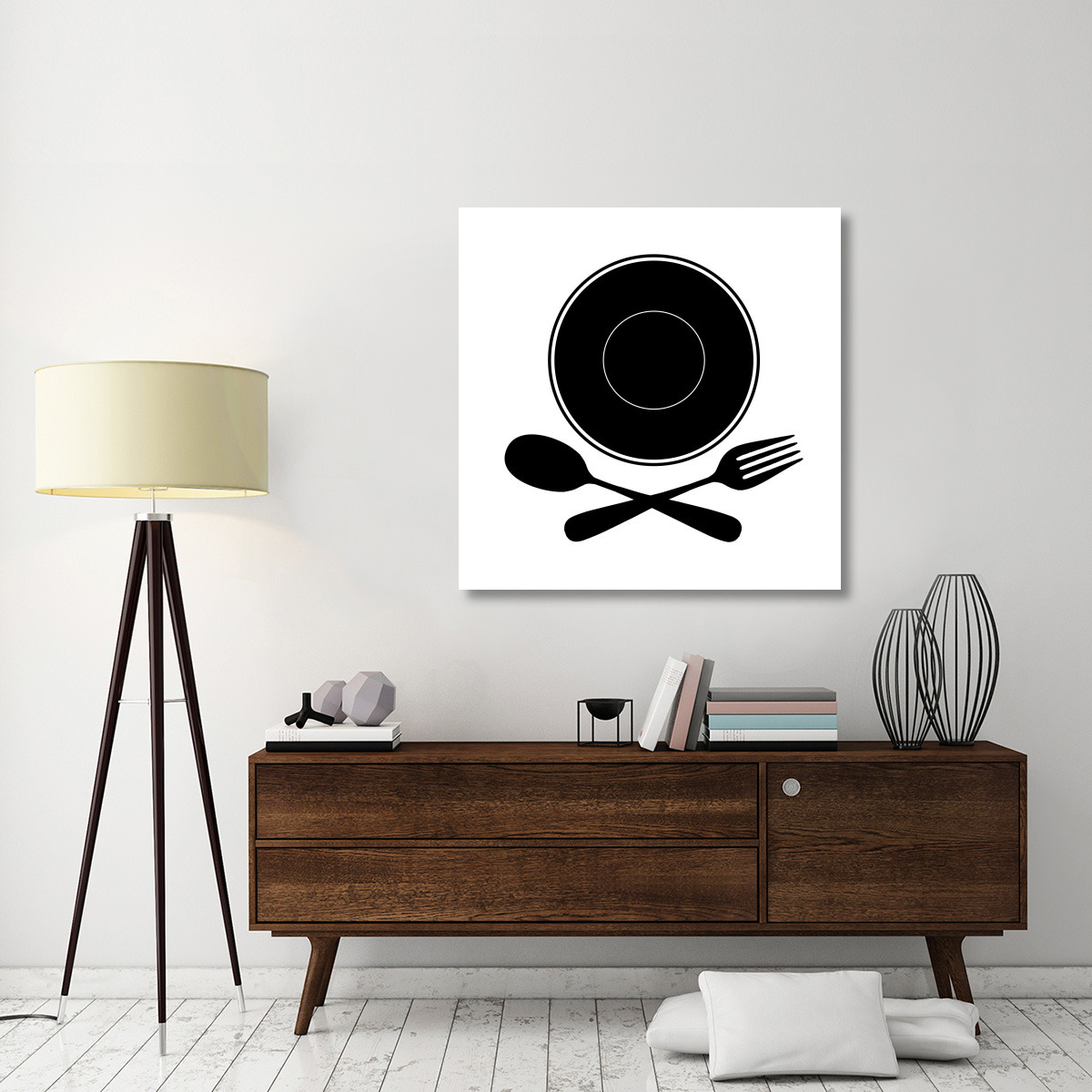 Mealtime Black on White - Plate with Crossed Cutlery -Paper Art-42&quotx42"