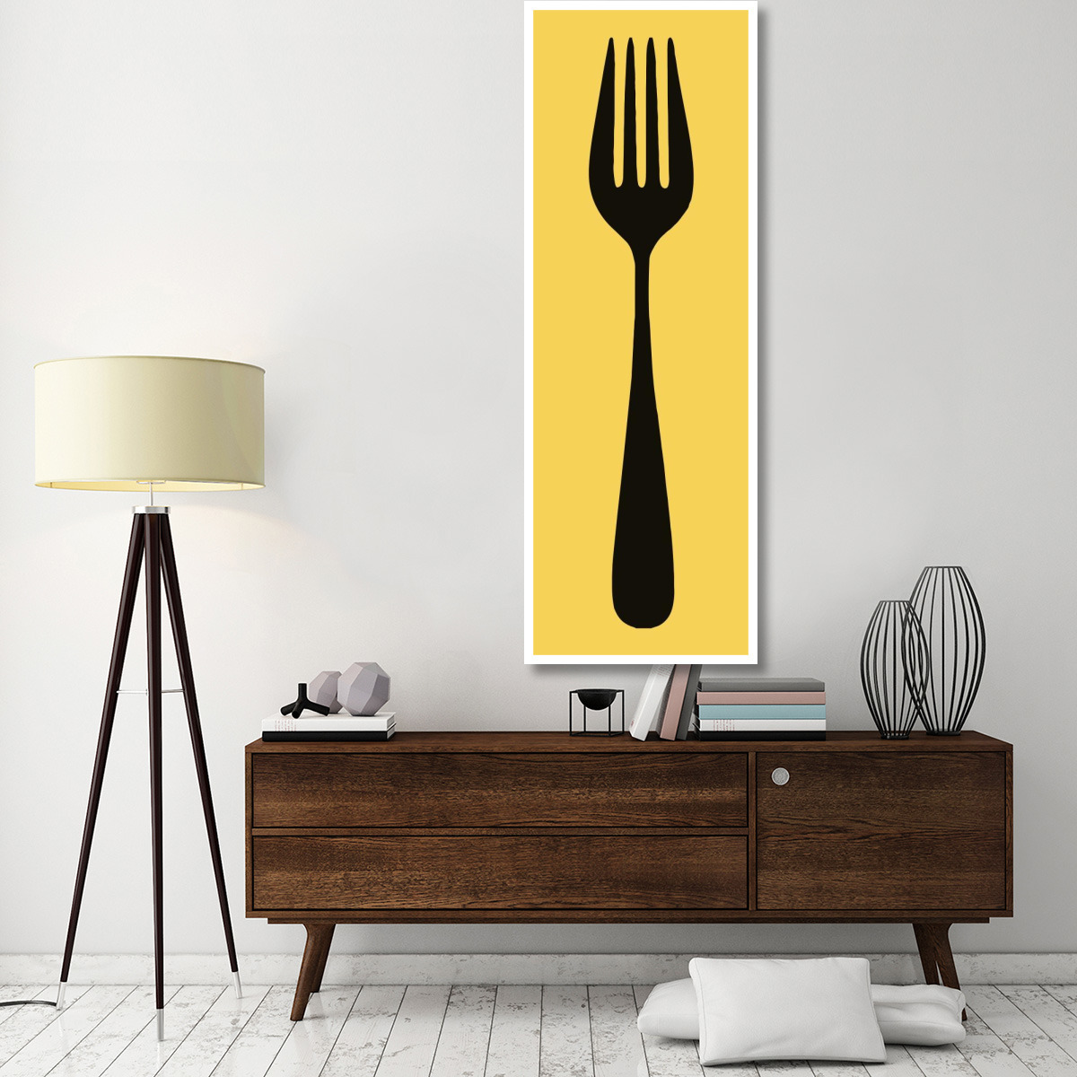 Mealtime Black on Yellow - Fork -Paper Art-26&quotx74"