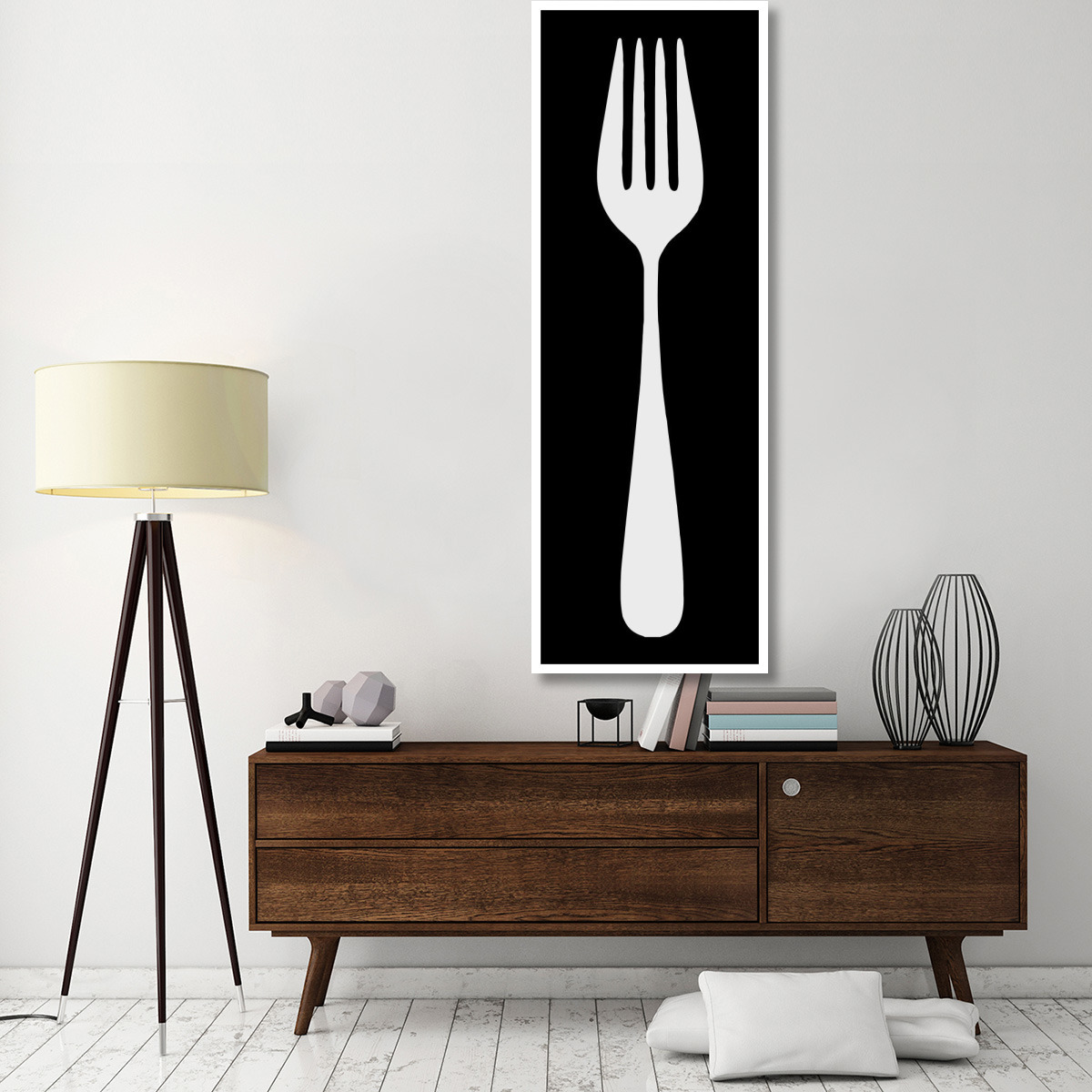 Mealtime White on Black - Fork -Paper Art-26&quotx74"