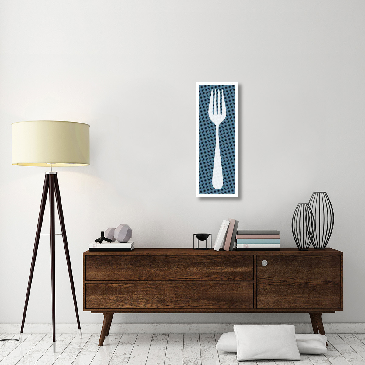 Mealtime White on Blue with Dots - Fork -Paper Art-14&quotx38"