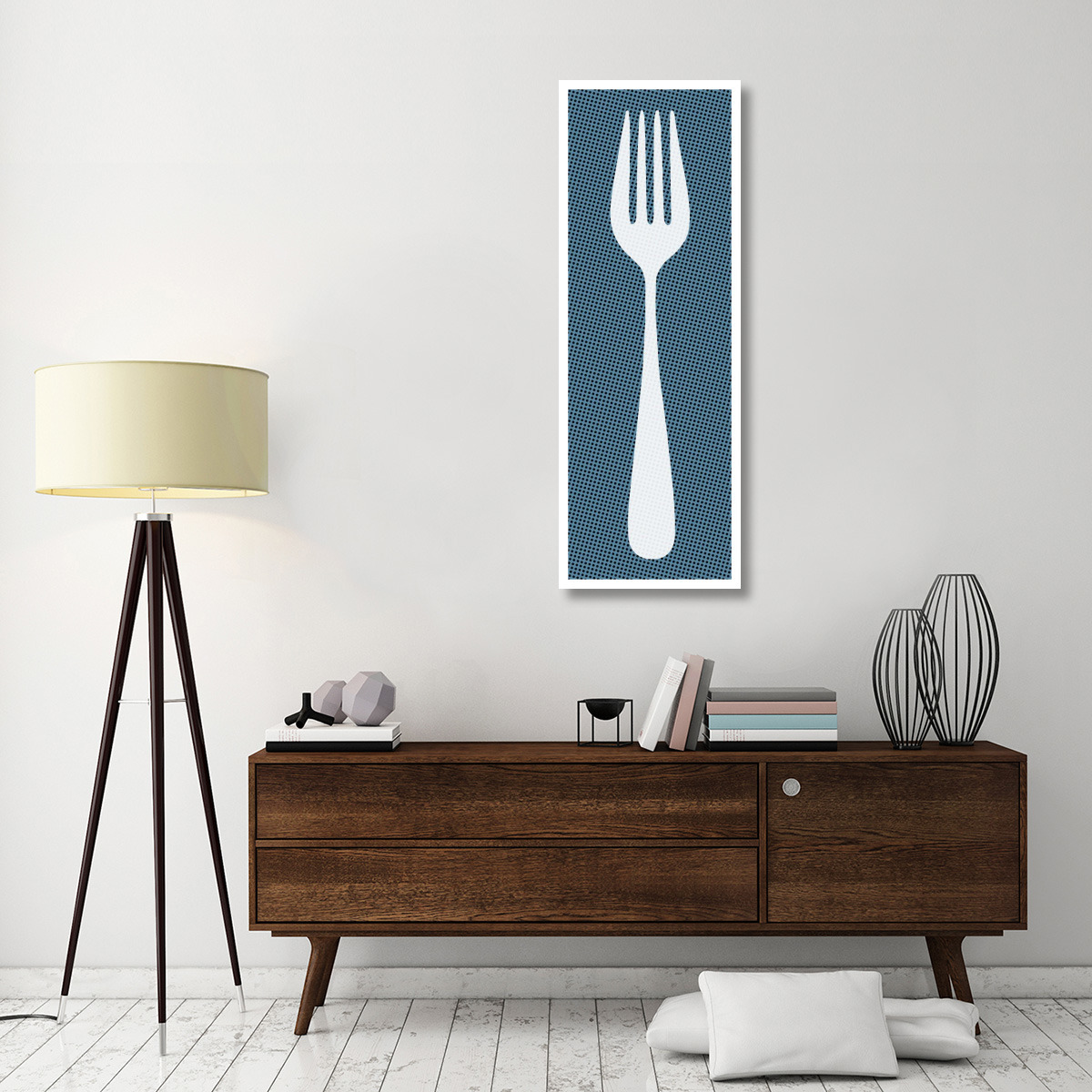 Mealtime White on Blue with Dots - Fork -Paper Art-20&quotx56"
