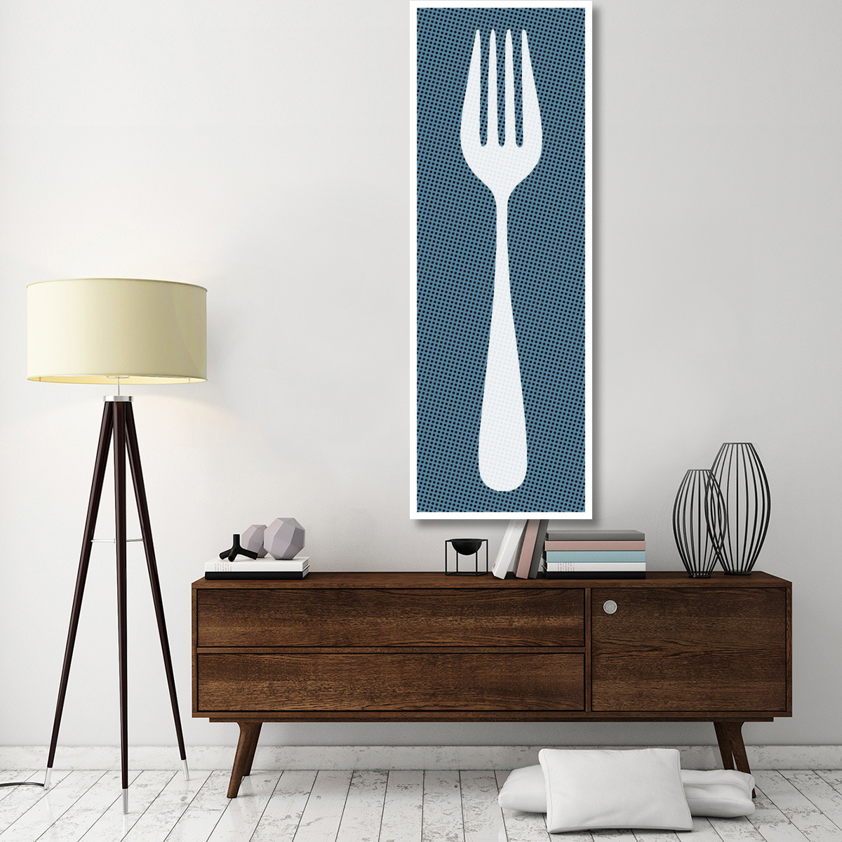 Mealtime White on Blue with Dots - Fork -Paper Art-26&quotx74"