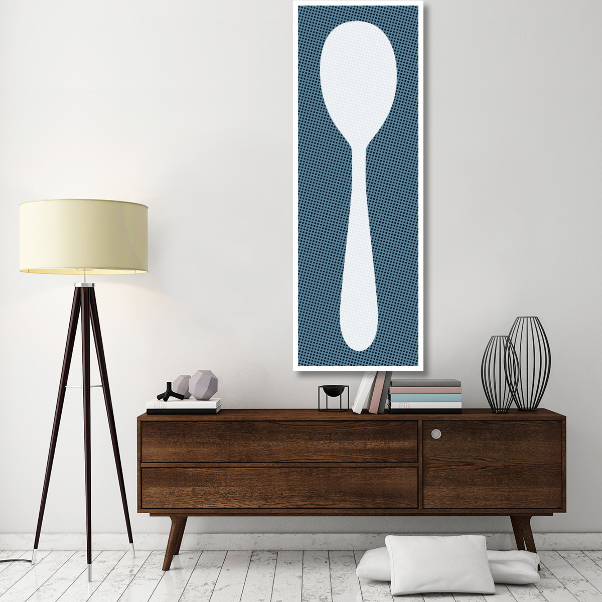 Mealtime White on Blue with Dots - Spoon -Paper Art-26&quotx74"