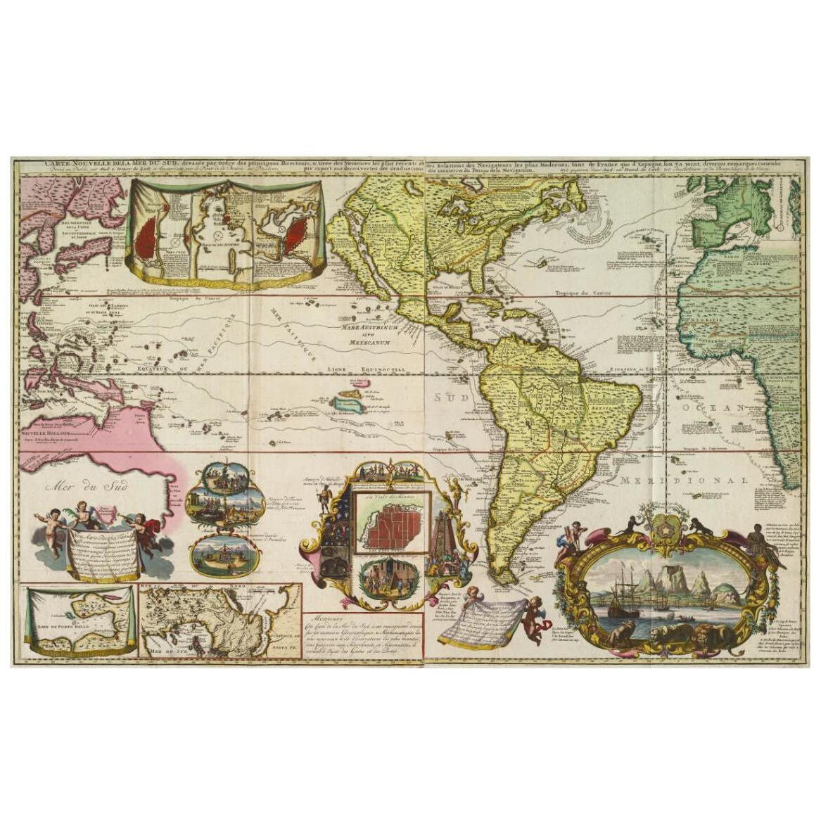 Americas with trade routes from Europe to Southeast Asia, 1730 -Paper Art-20&quotx14"