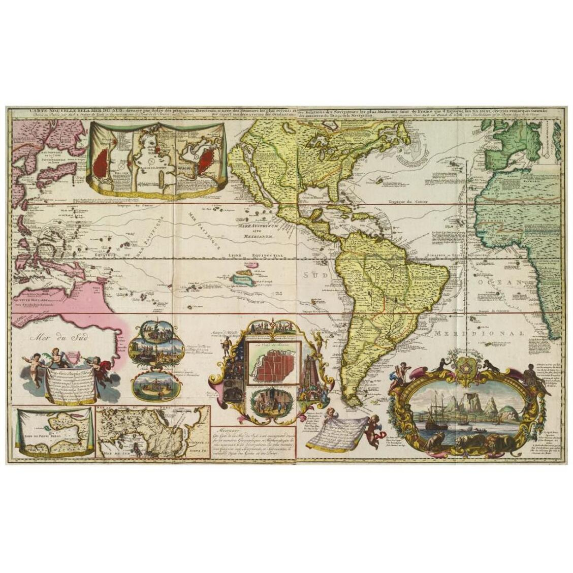 Americas with trade routes from Europe to Southeast Asia, 1730 -Paper Art-26&quotx18"