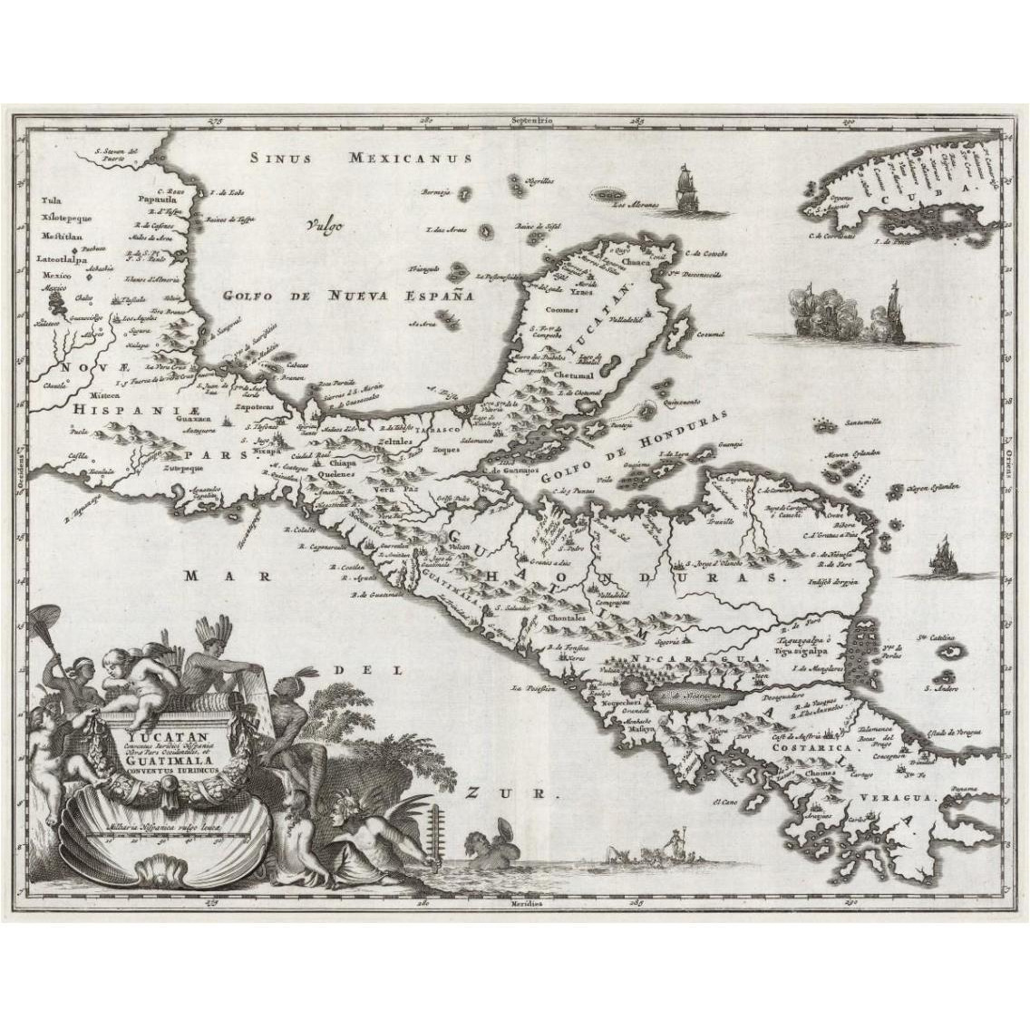 Mexico, Yucatan Peninsula and Central America, 1673 -Paper Art-37&quotx30"