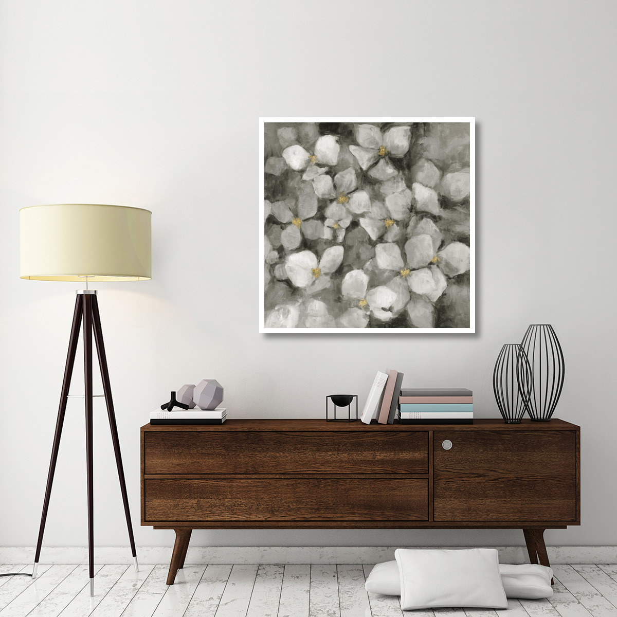 Midnight Neutral Hydrangeas with Gold Crop -Paper Art-42&quotx42"