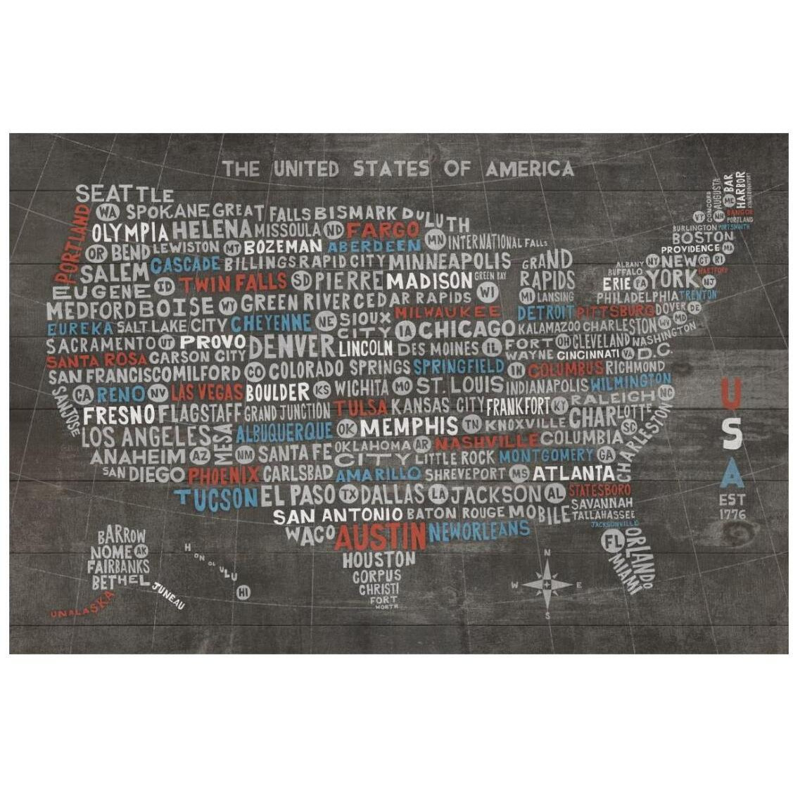 US City Map on Wood Gray -Paper Art-26&quotx18"