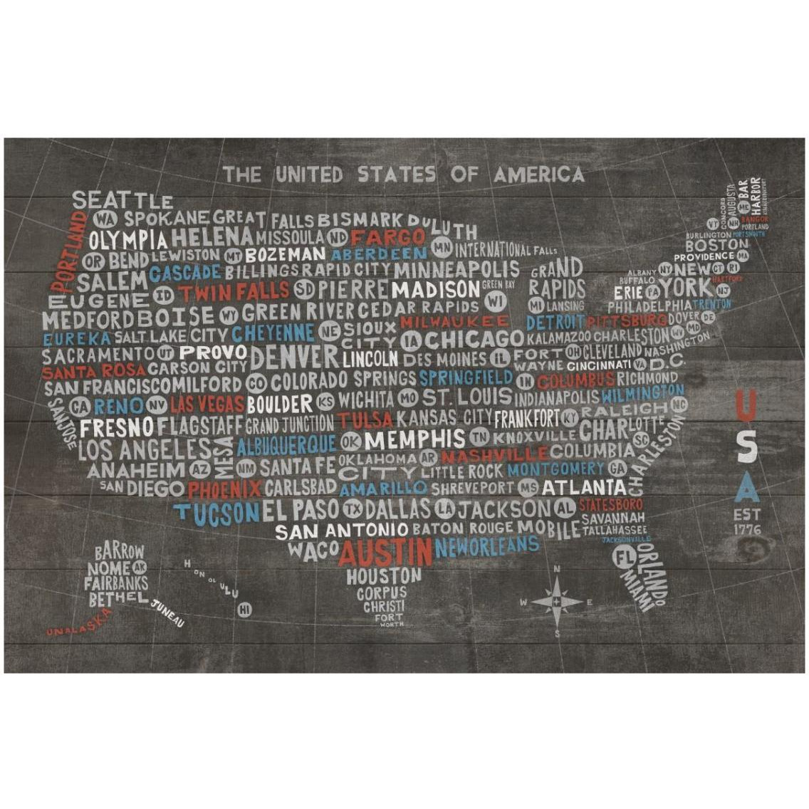 US City Map on Wood Gray -Paper Art-32&quotx22"