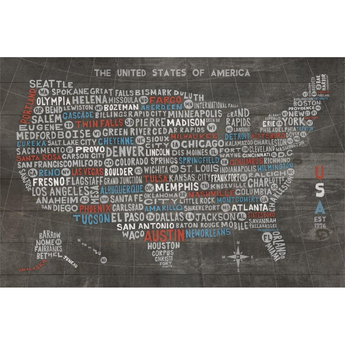 US City Map on Wood Gray -Paper Art-38&quotx26"