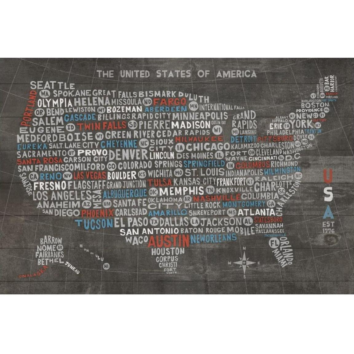 US City Map on Wood Gray -Paper Art-50&quotx34"