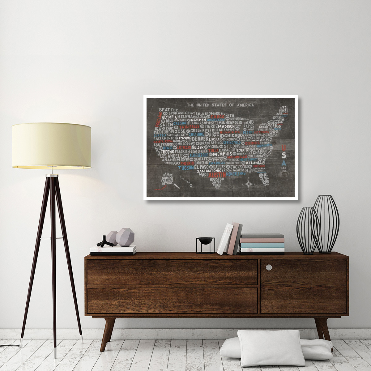 US City Map on Wood Gray -Paper Art-50&quotx34"
