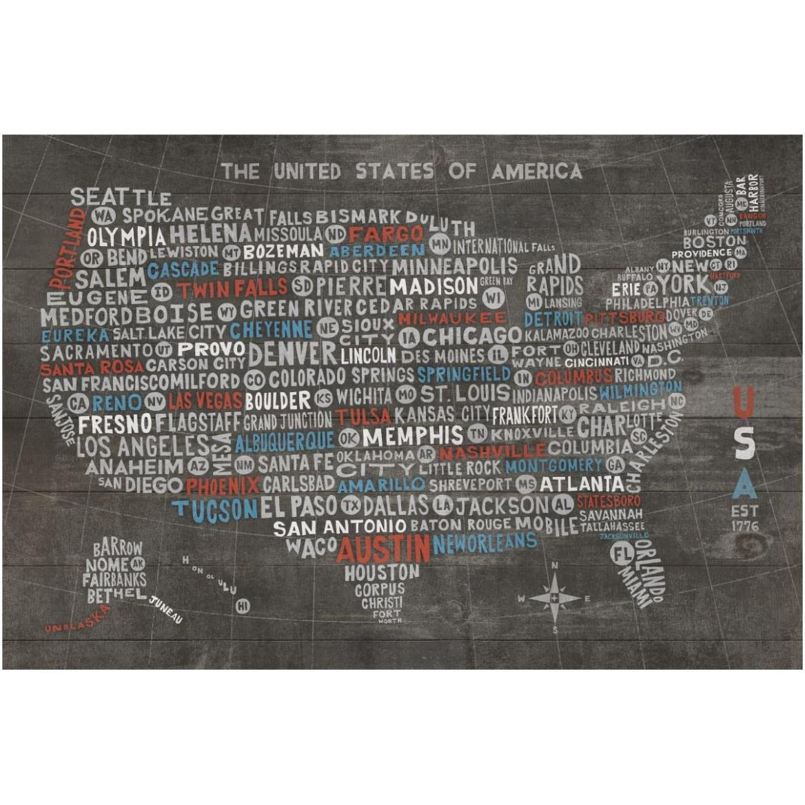 US City Map on Wood Gray -Paper Art-62&quotx42"