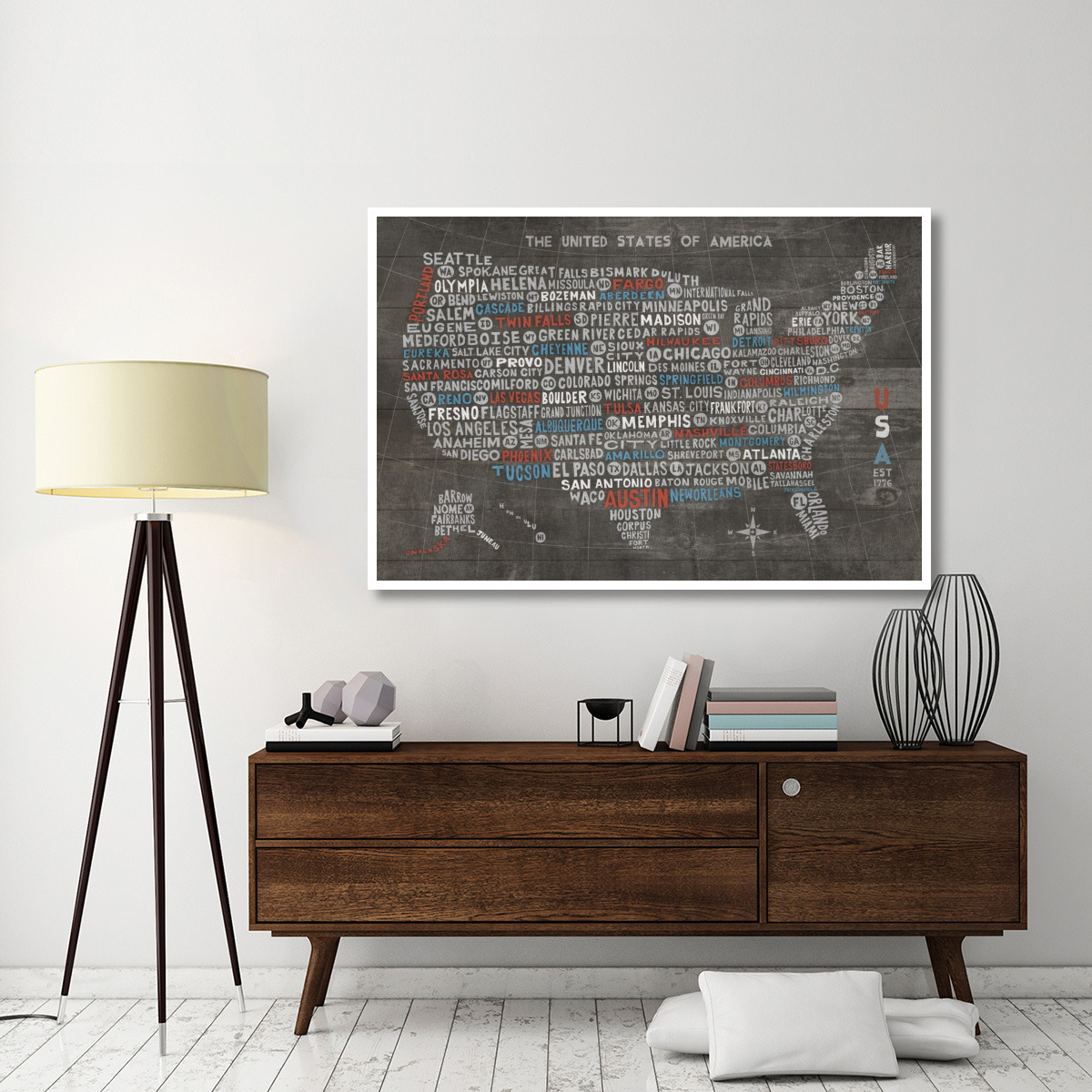US City Map on Wood Gray -Paper Art-62&quotx42"