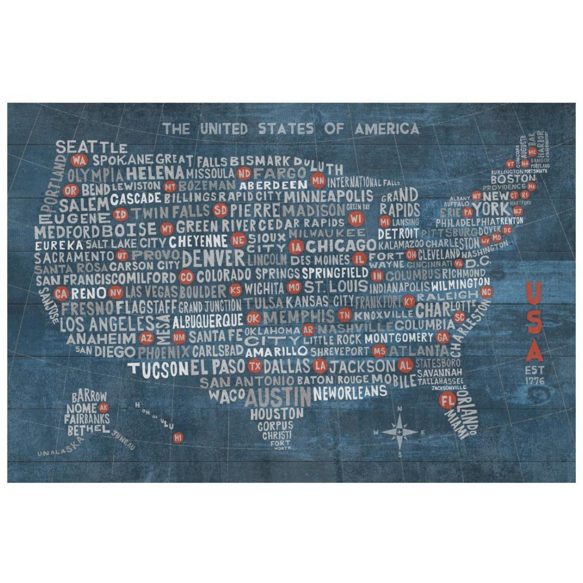 US City Map on Wood Blue -Paper Art-26&quotx18"