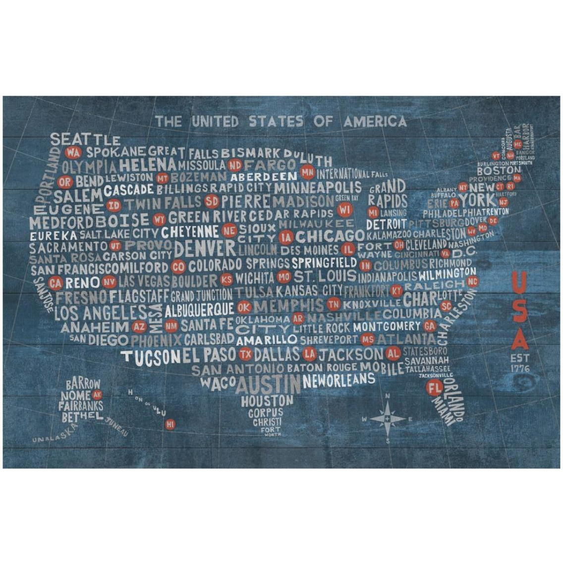 US City Map on Wood Blue -Paper Art-32&quotx22"