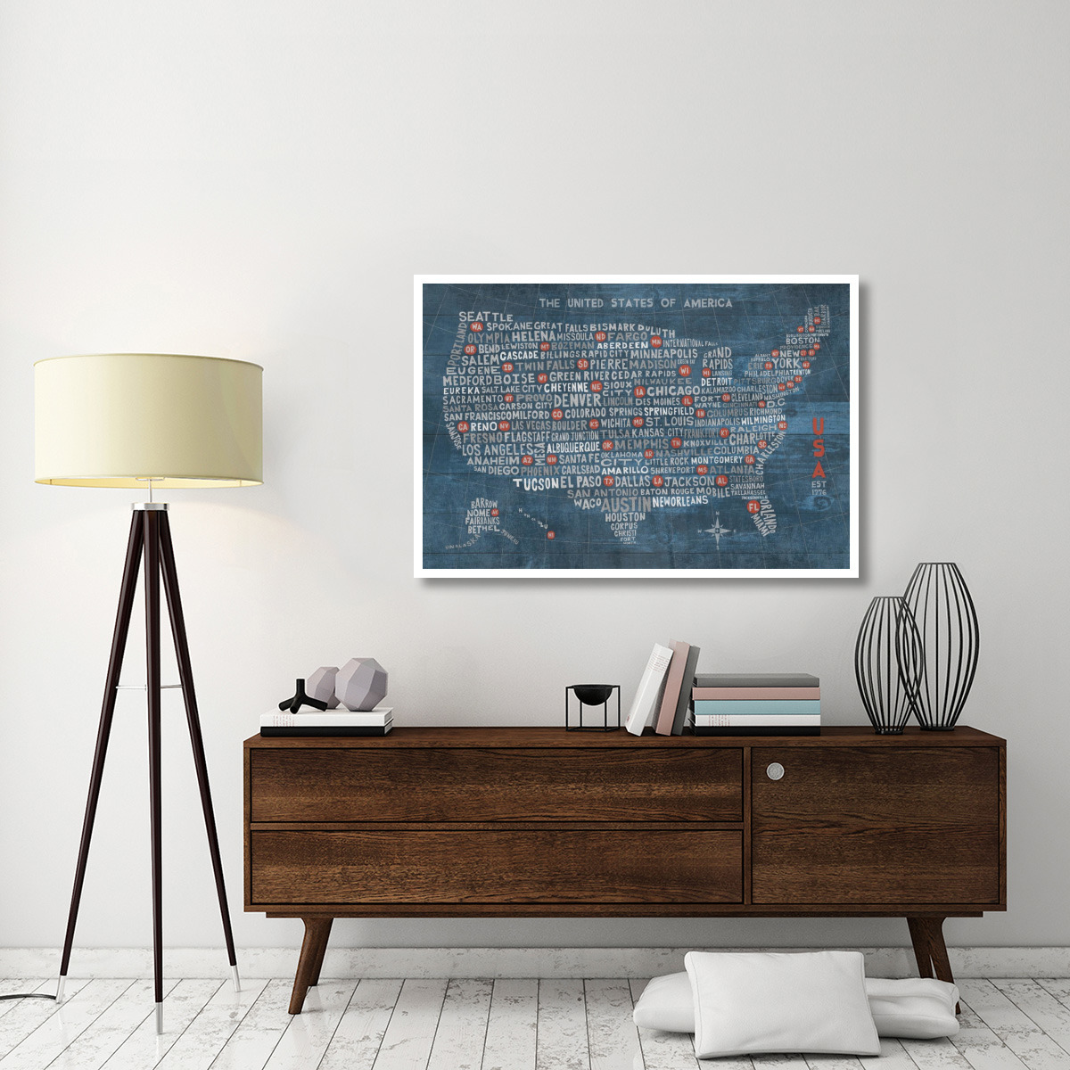 US City Map on Wood Blue -Paper Art-50&quotx34"