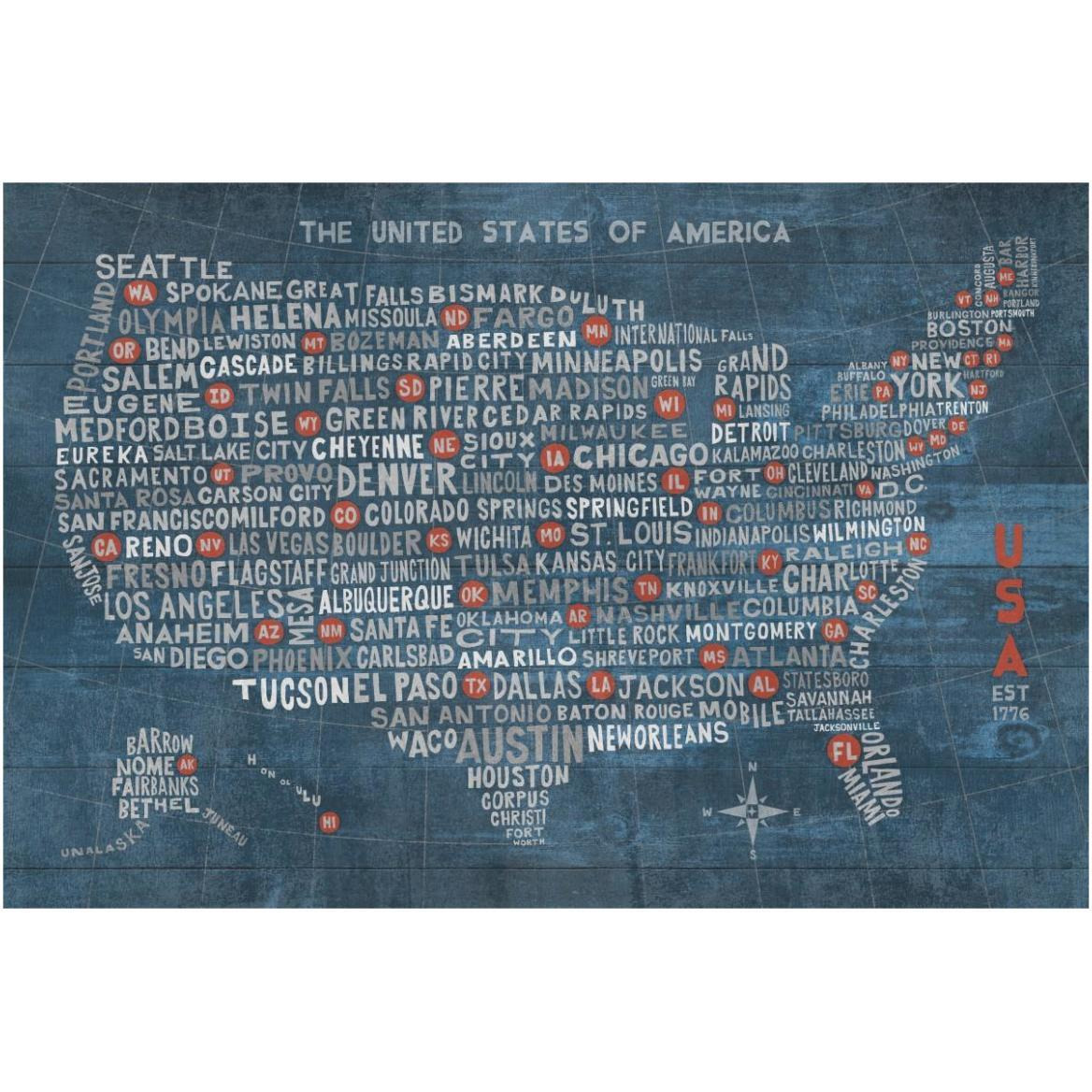 US City Map on Wood Blue -Paper Art-62&quotx42"