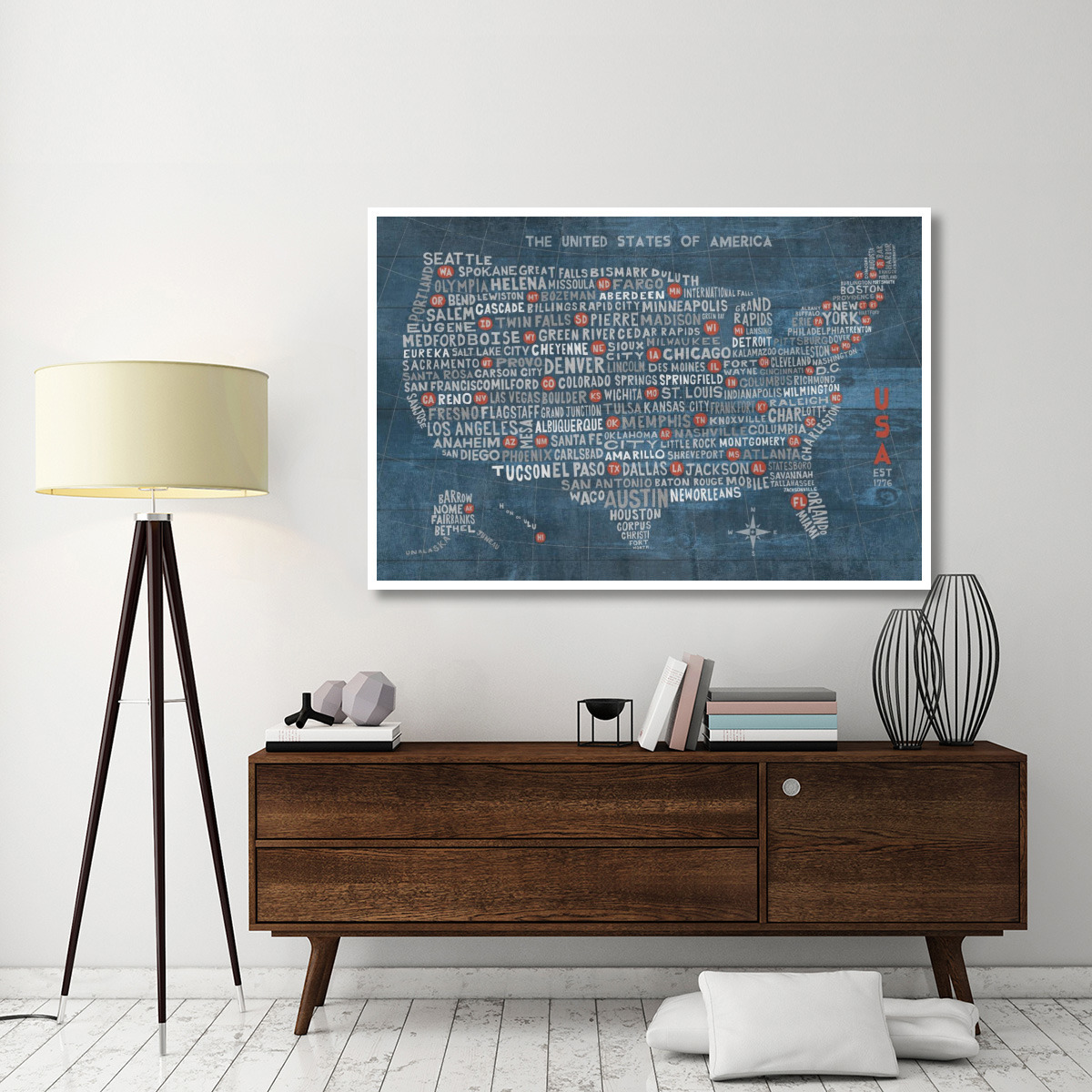 US City Map on Wood Blue -Paper Art-62&quotx42"